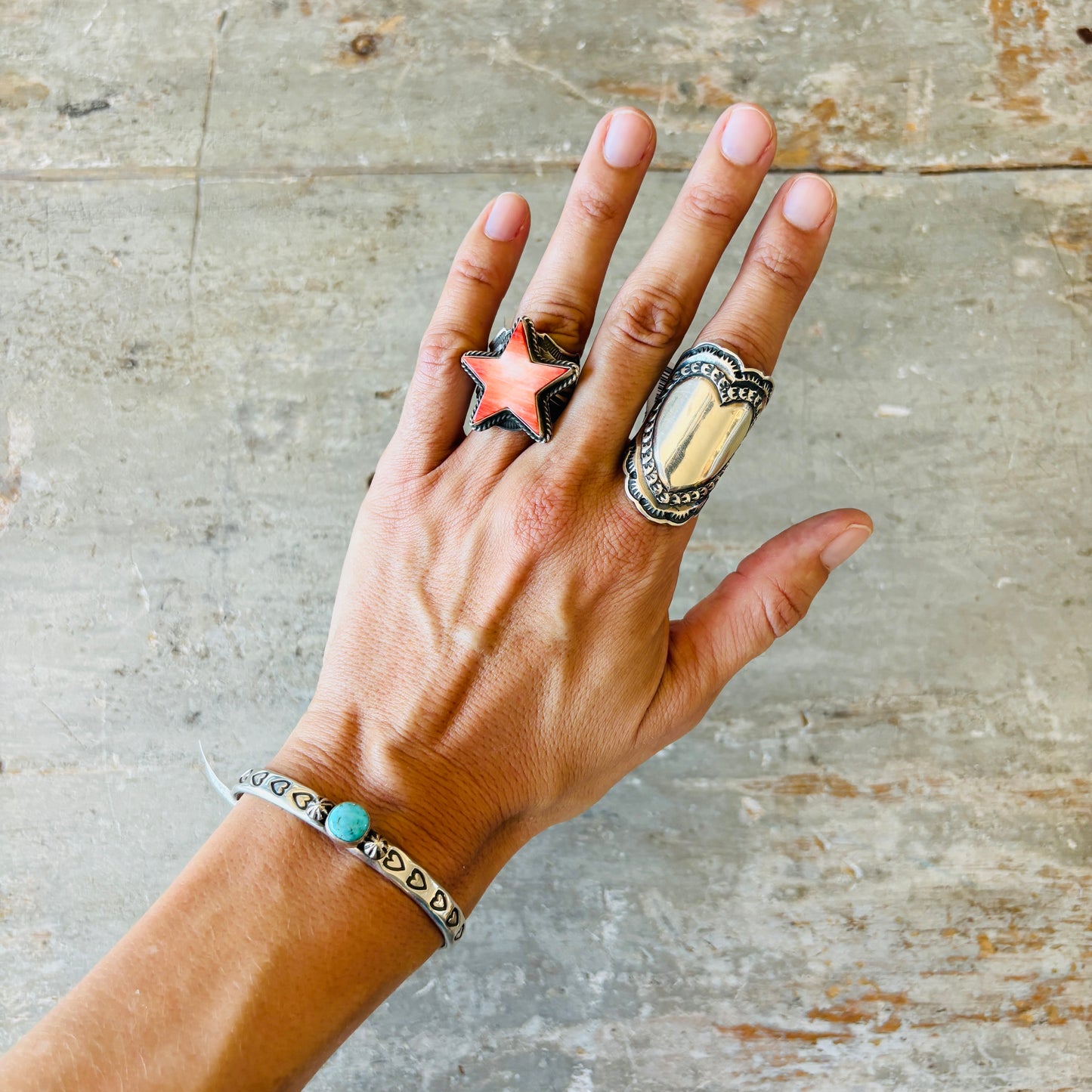 Navajo Darrell Cadman Sterling Silver & Lone Mountain Turquoise Hearts Stacker Cuff