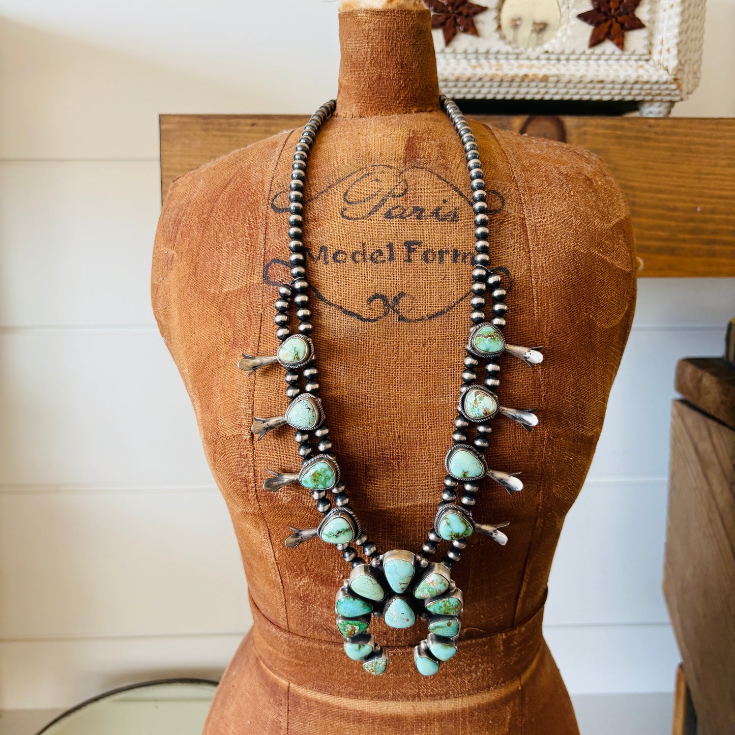 Navajo Rena Shelly Sterling Silver - Carico Lake & Sonoran Turquoise Squash Blossom Necklace