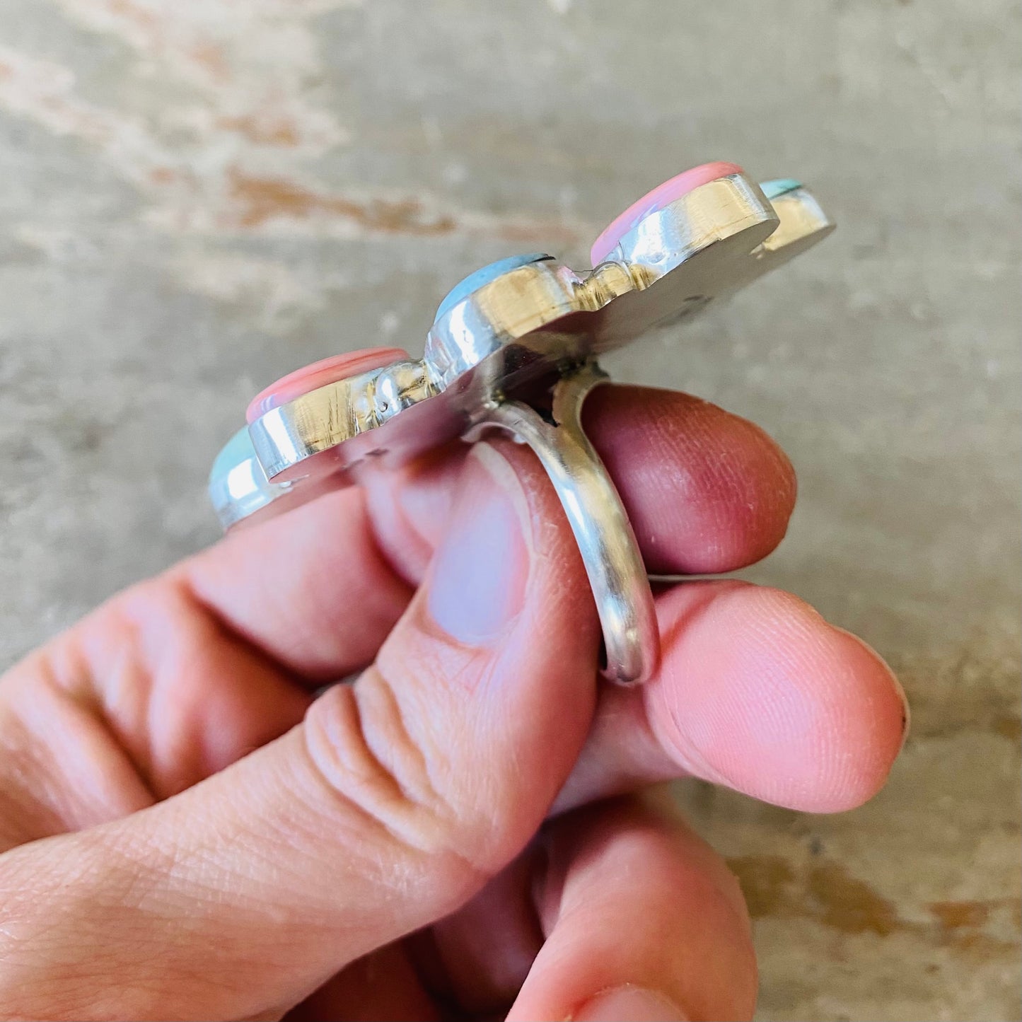 Navajo Signed Sterling Silver Pink Conch & Golden Hills Turquoise Cluster Ring