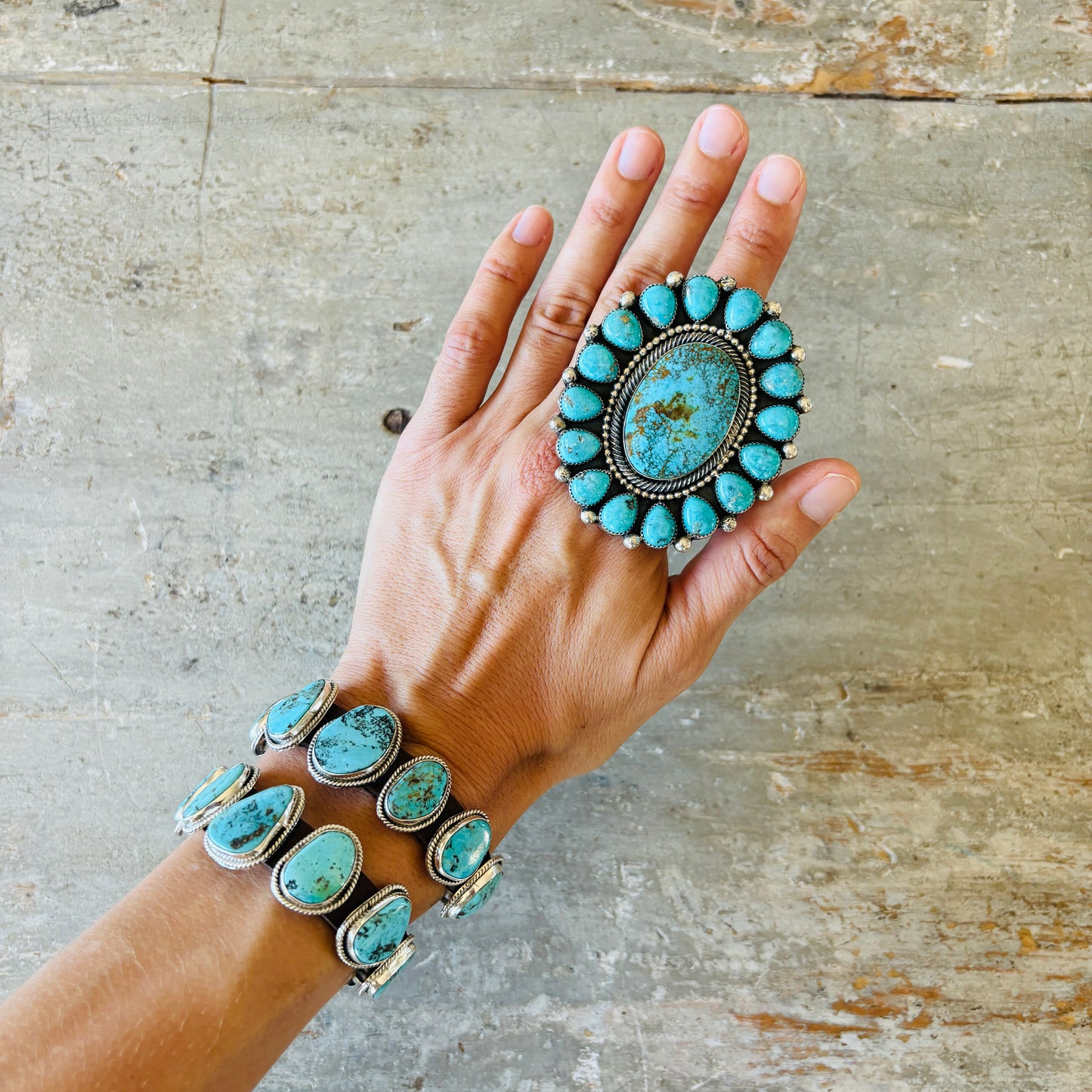 Navajo Hemerson Brown Sterling Silver & Kingman Turquoise Cluster Ring