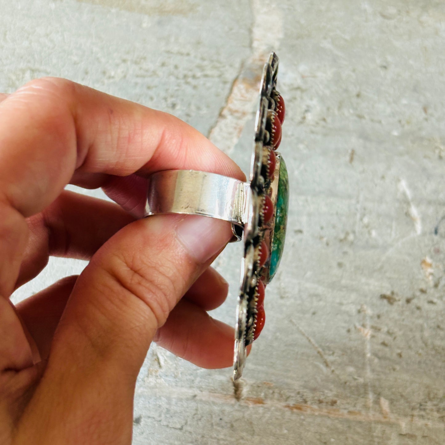Navajo Hemerson Brown Sterling Silver - Red Coral & Sonoran Turquoise Cluster Ring