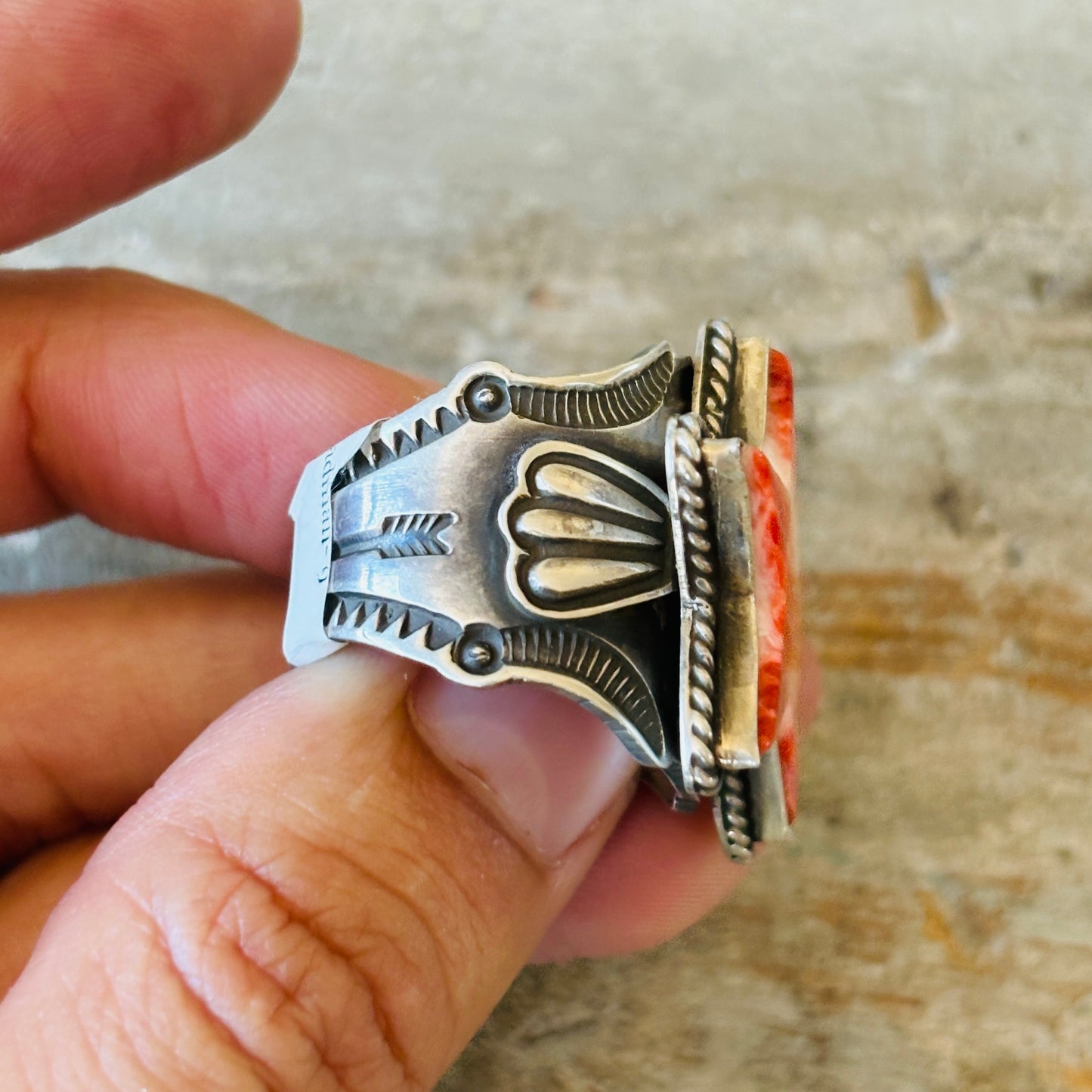 Navajo Andy Cadman Sterling Silver & Red Spiny Oyster Star Ring