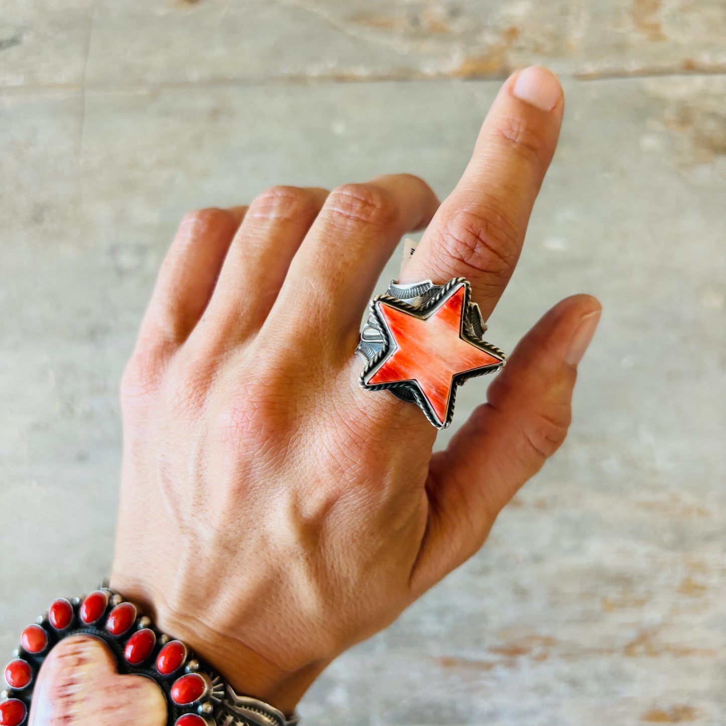 Navajo Andy Cadman Sterling Silver & Red Spiny Oyster Star Ring