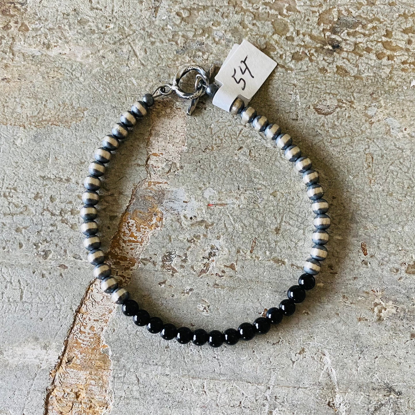 Navajo Strung Sterling Silver Machine Made Pearls & Black Onyx Beaded Bracelet