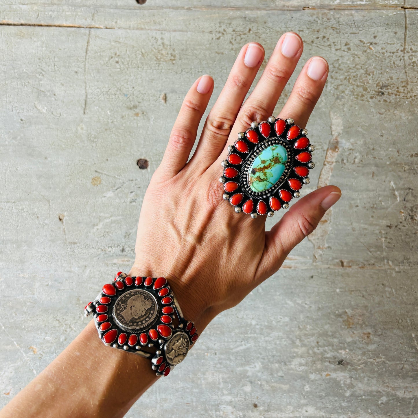 Navajo Hemerson Brown Sterling Silver - Red Coral & Sonoran Turquoise Cluster Ring