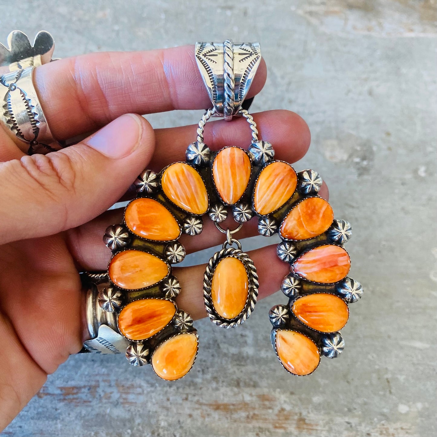 Navajo Lorenzo Jerilyn Chee Sterling Silver & Orange Spiny Oyster Naja Pendant