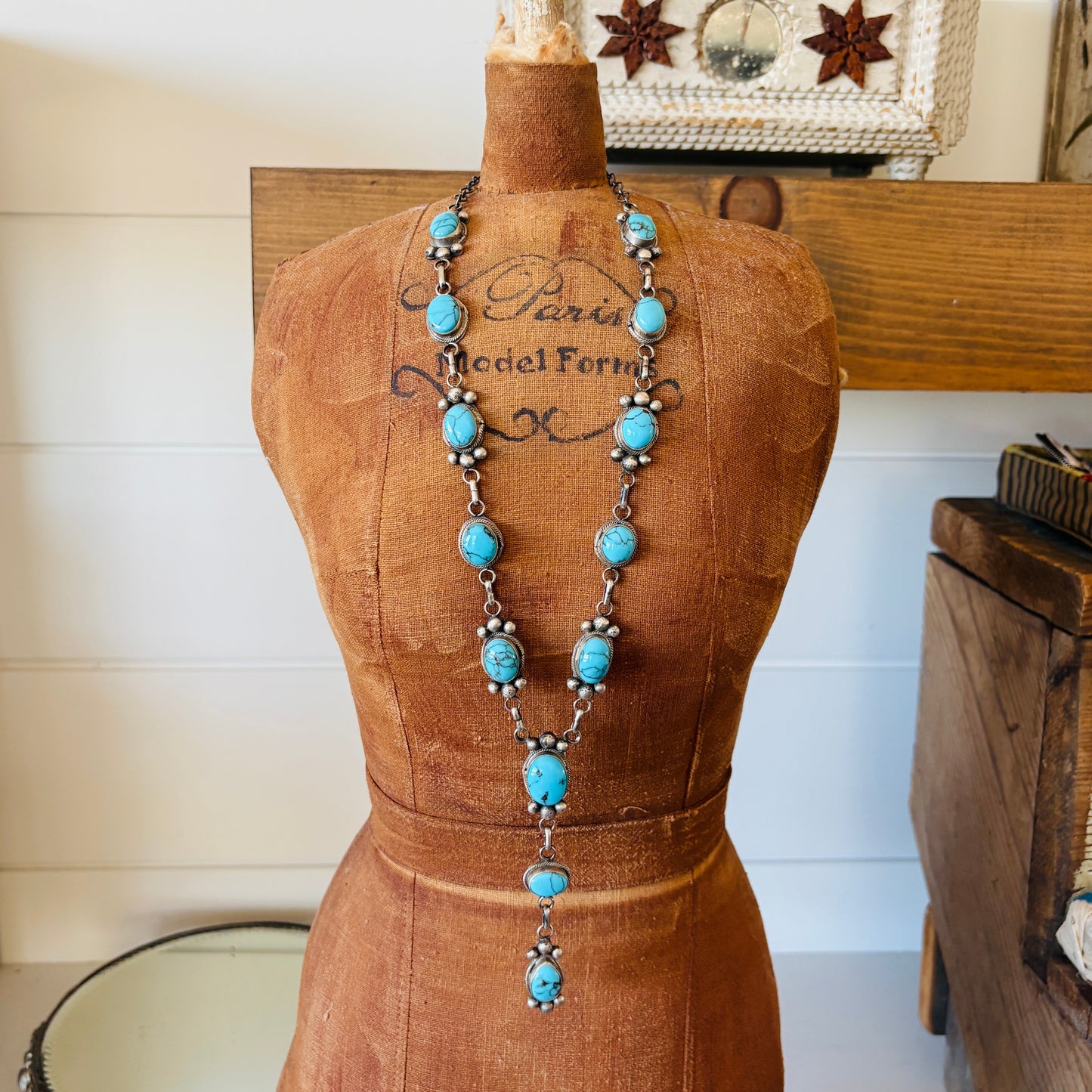Navajo Cordelle Platero Sterling Silver & Egyptian Turquoise Lariat Necklace