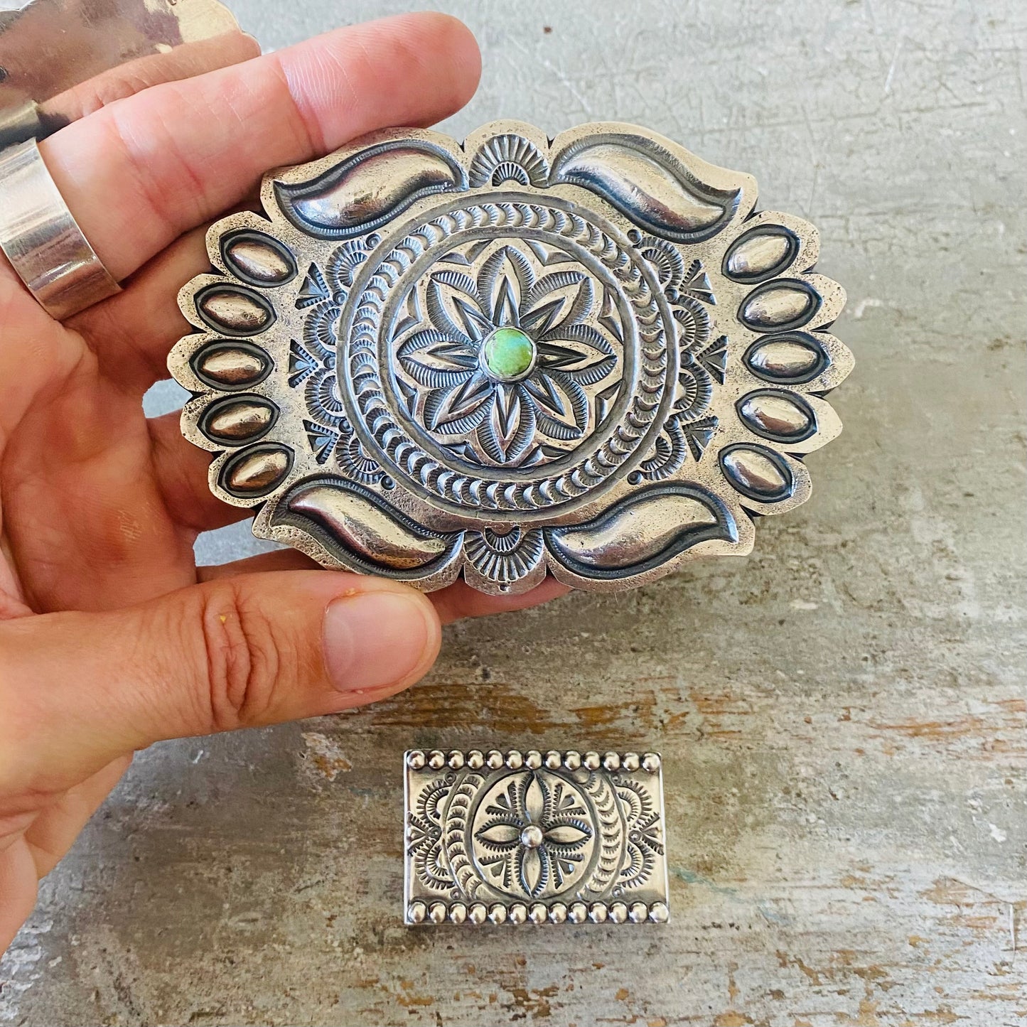 Navajo Myron Etsitty Sterling Silver & Sonoran Turquoise Belt Buckle Set
