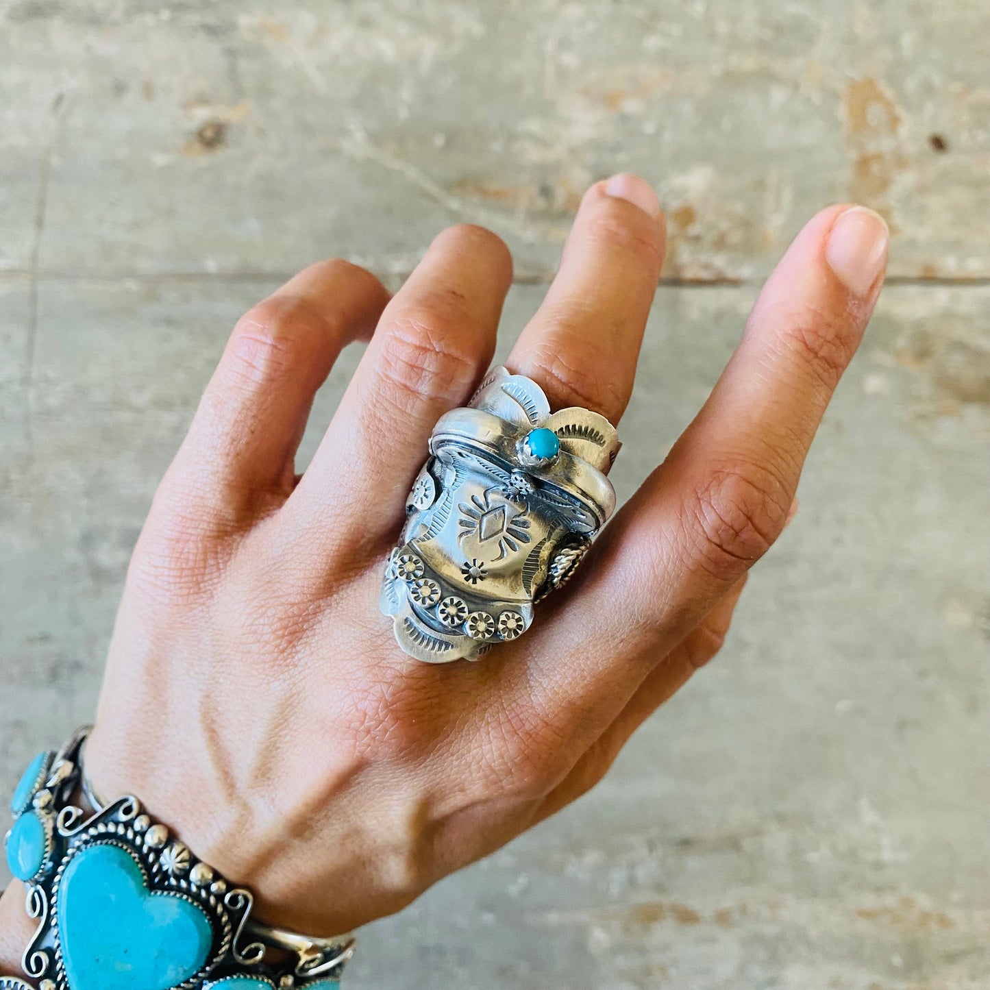 Navajo Tim Yazzie Sterling Silver & Kingman Turquoise Saddle Ring