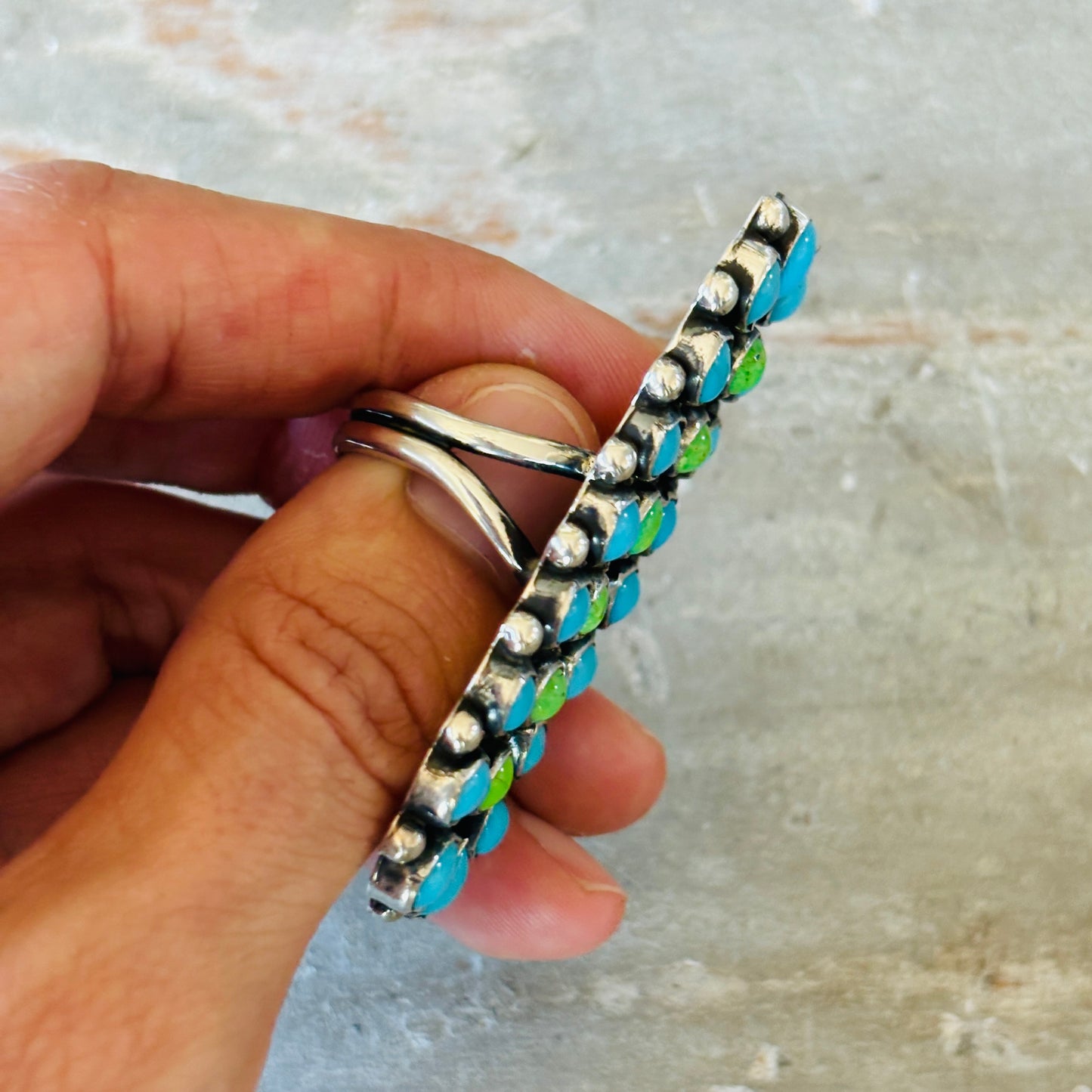 Navajo Hemerson Brown Sterling Silver - Green Mojave & Kingman Turquoise Cluster Ring