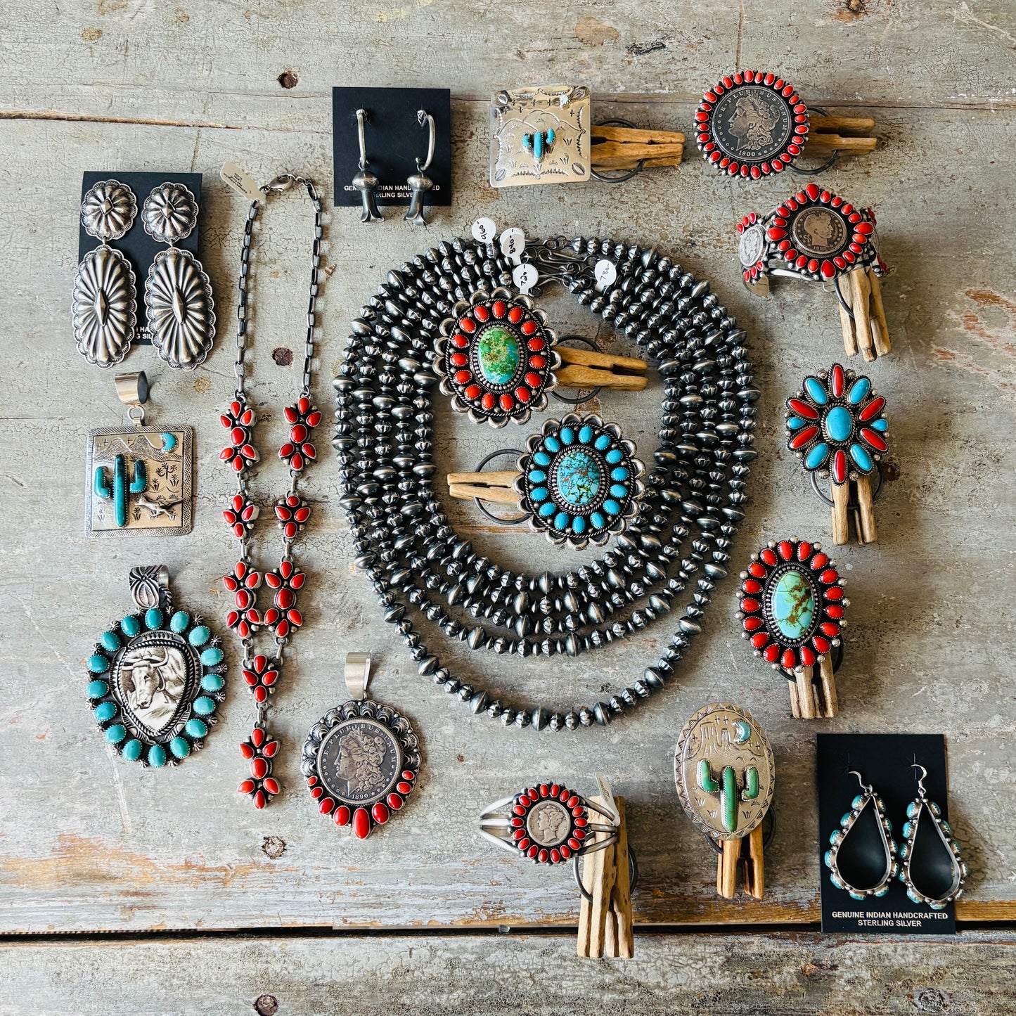 Navajo Hemerson Brown Sterling Silver - Red Coral & Sonoran Turquoise Cluster Ring