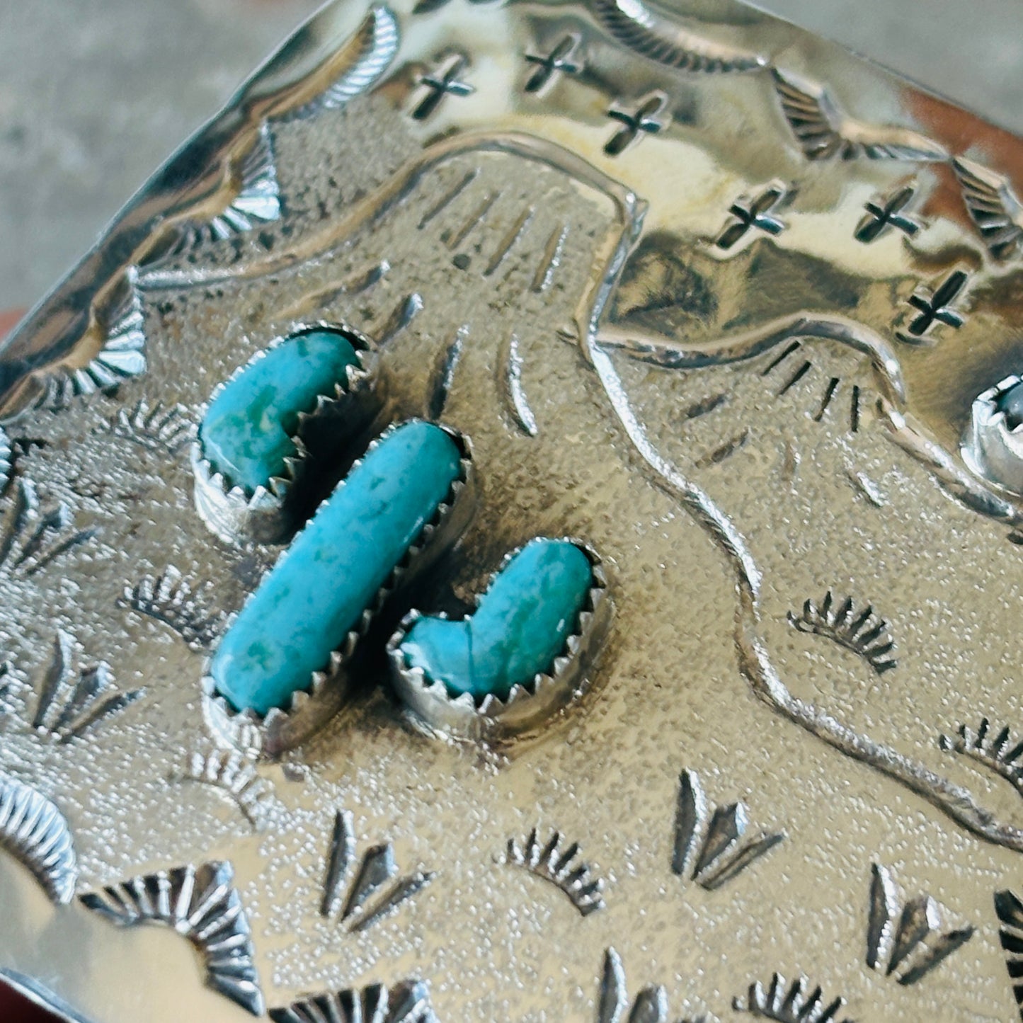 Navajo Hemerson Brown Sterling Silver & Kingman Turquoise Cactus Ring