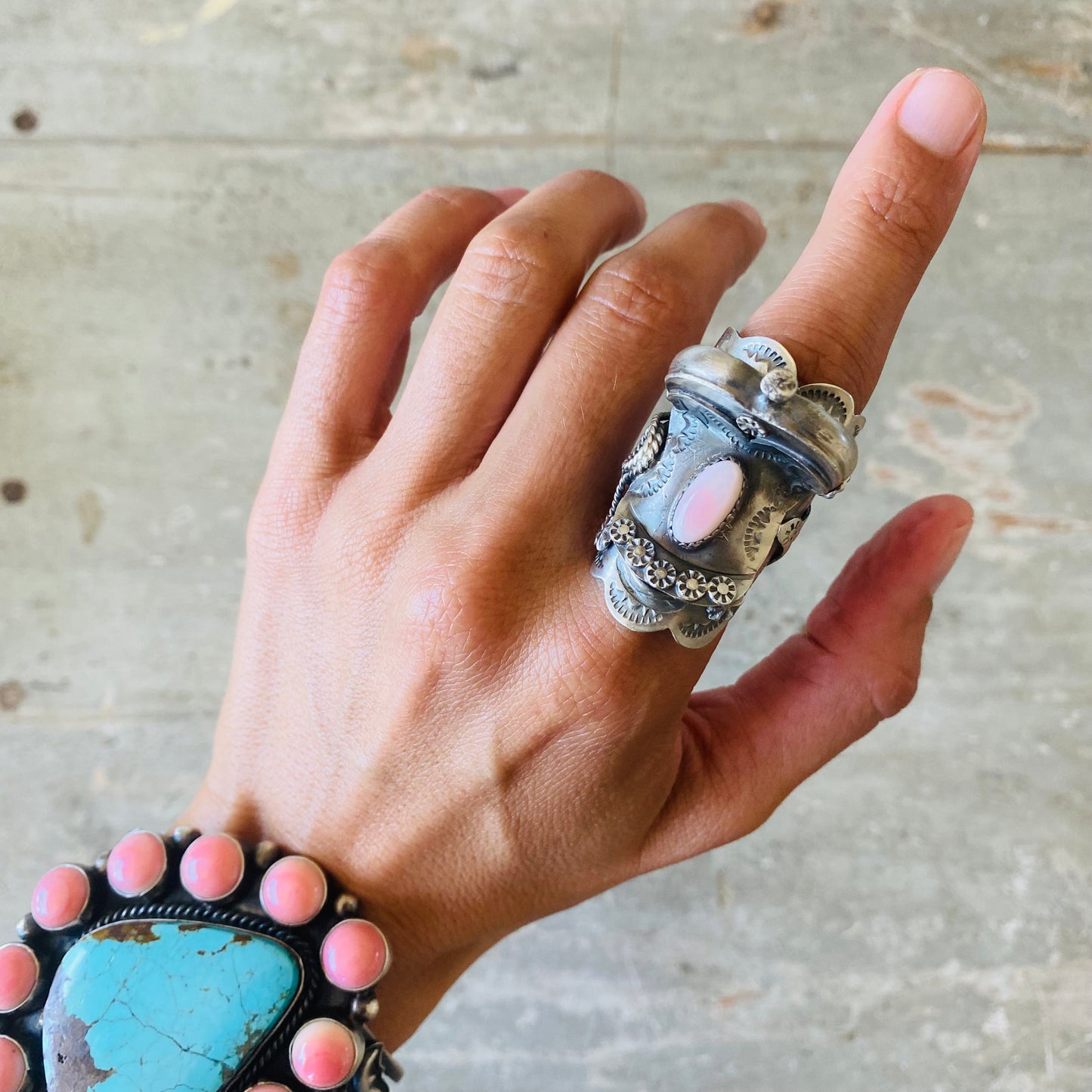 Navajo Tim Yazzie Sterling Silver & Pink Conch Saddle Ring