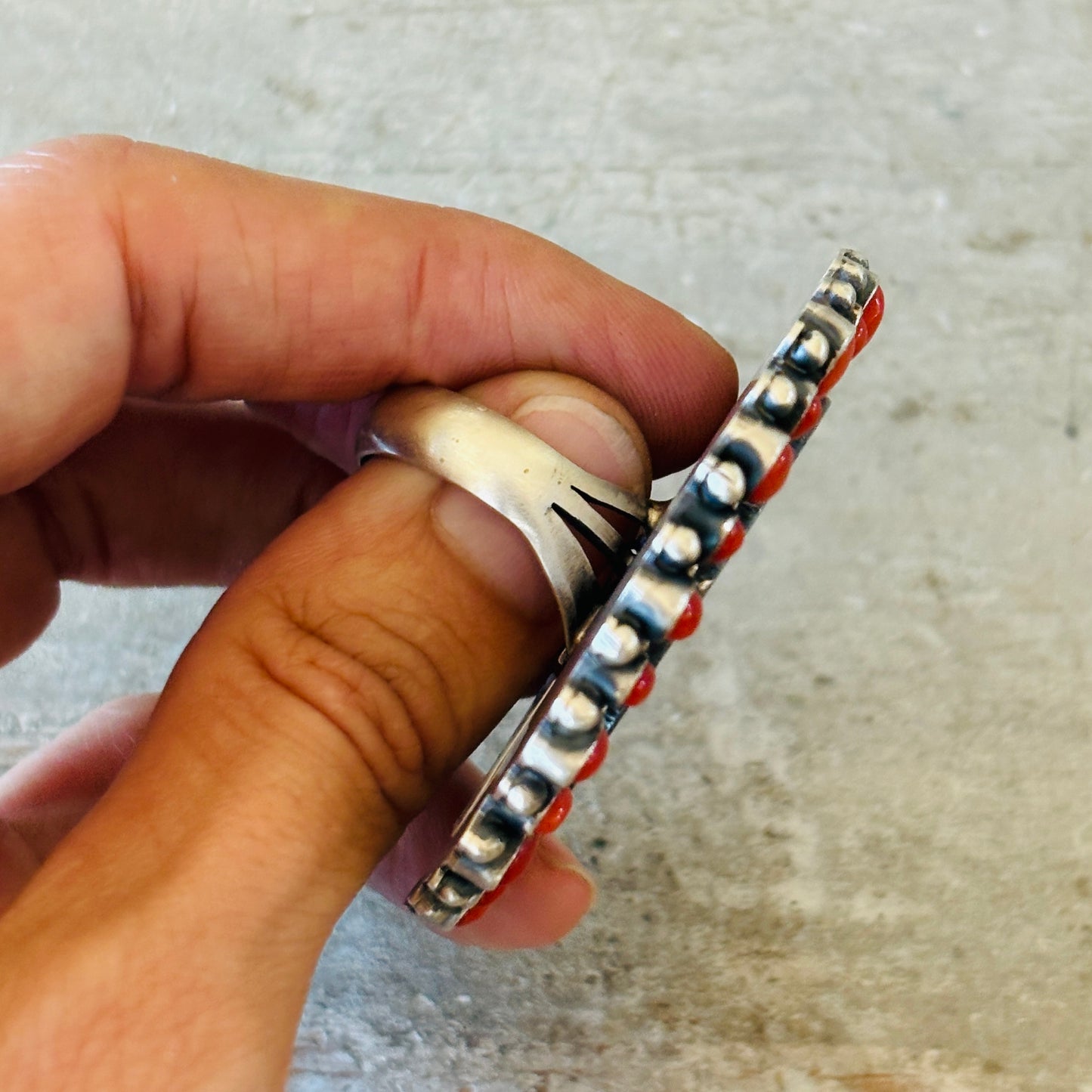 Navajo Darrin Livingston Sterling Silver & Red Coral Coin Ring
