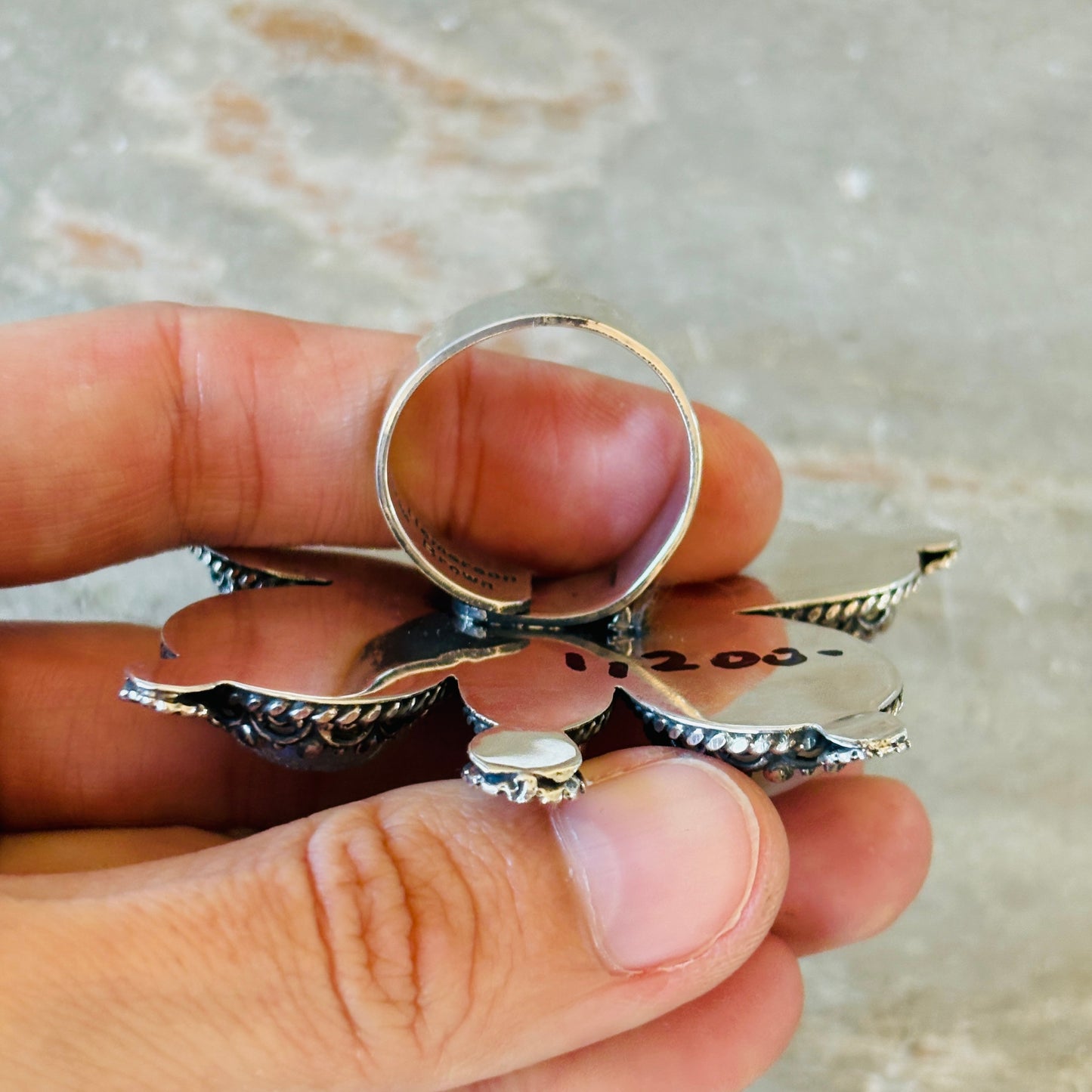 Navajo Hemerson Brown Sterling Silver - Pink Conch & Druzy Butterfly Ring