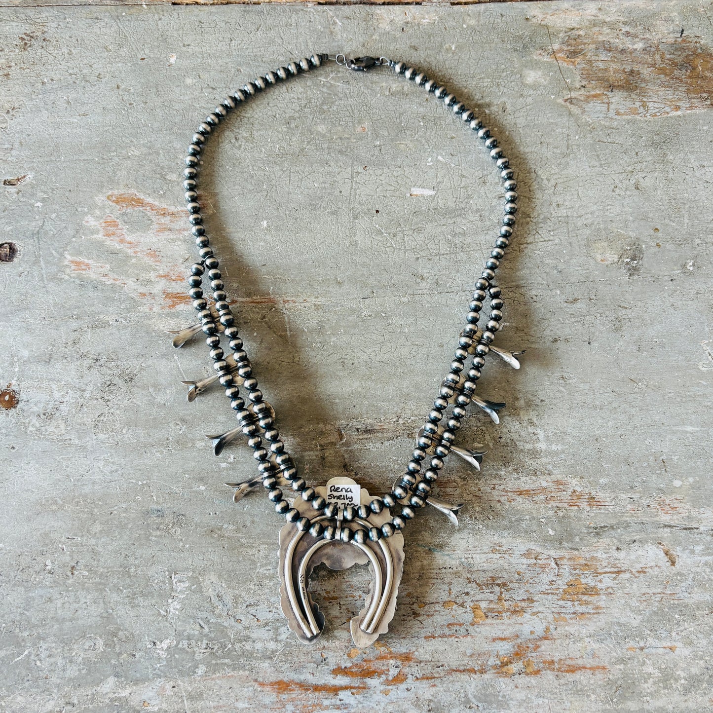 Navajo Rena Shelly Sterling Silver - Carico Lake & Sonoran Turquoise Squash Blossom Necklace