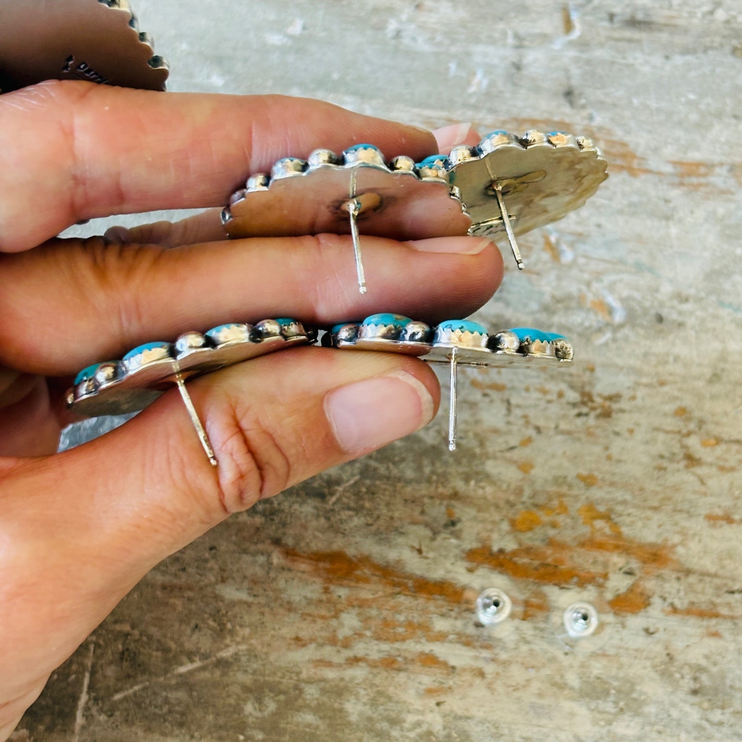 Navajo Lorenzo & Jerilyn Chee Sterling Silver & Kingman Cluster Earrings