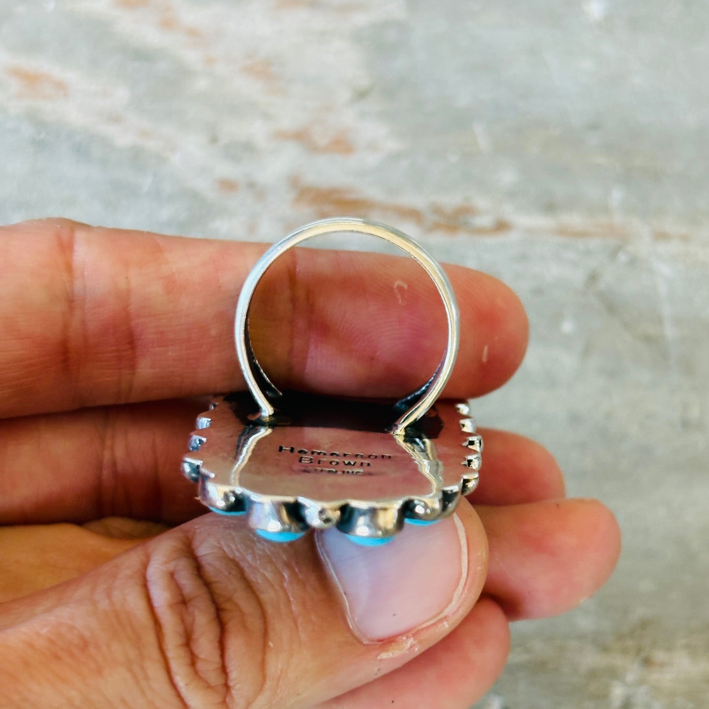 Navajo Hemerson Brown Sterling Silver - Green Mojave & Kingman Turquoise Cluster Ring