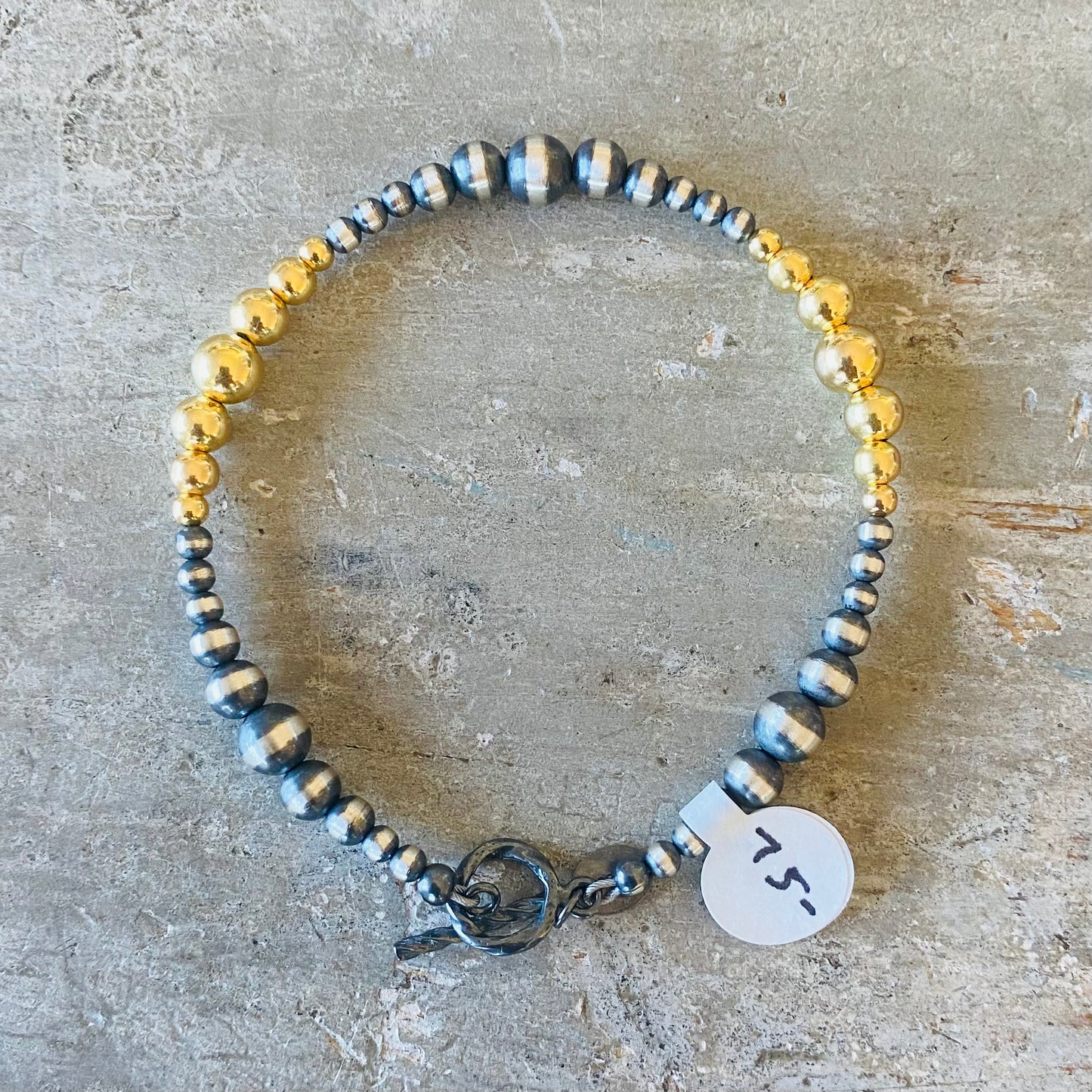 Native Strung Sterling Silver & 18k Gold Plated Machine Made Pearls Graduated Toggle Bracelet