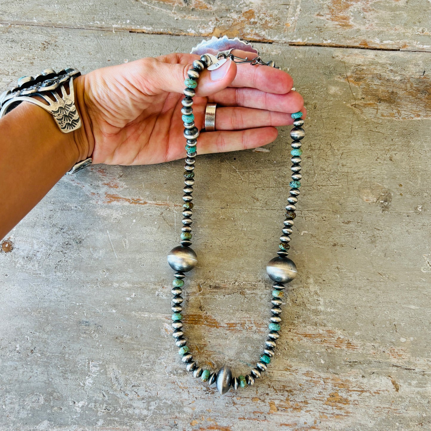 Navajo Preston Haley Sterling Silver & Campitos Turquoise 7mm - 12mm - 20mm Pearls Necklace