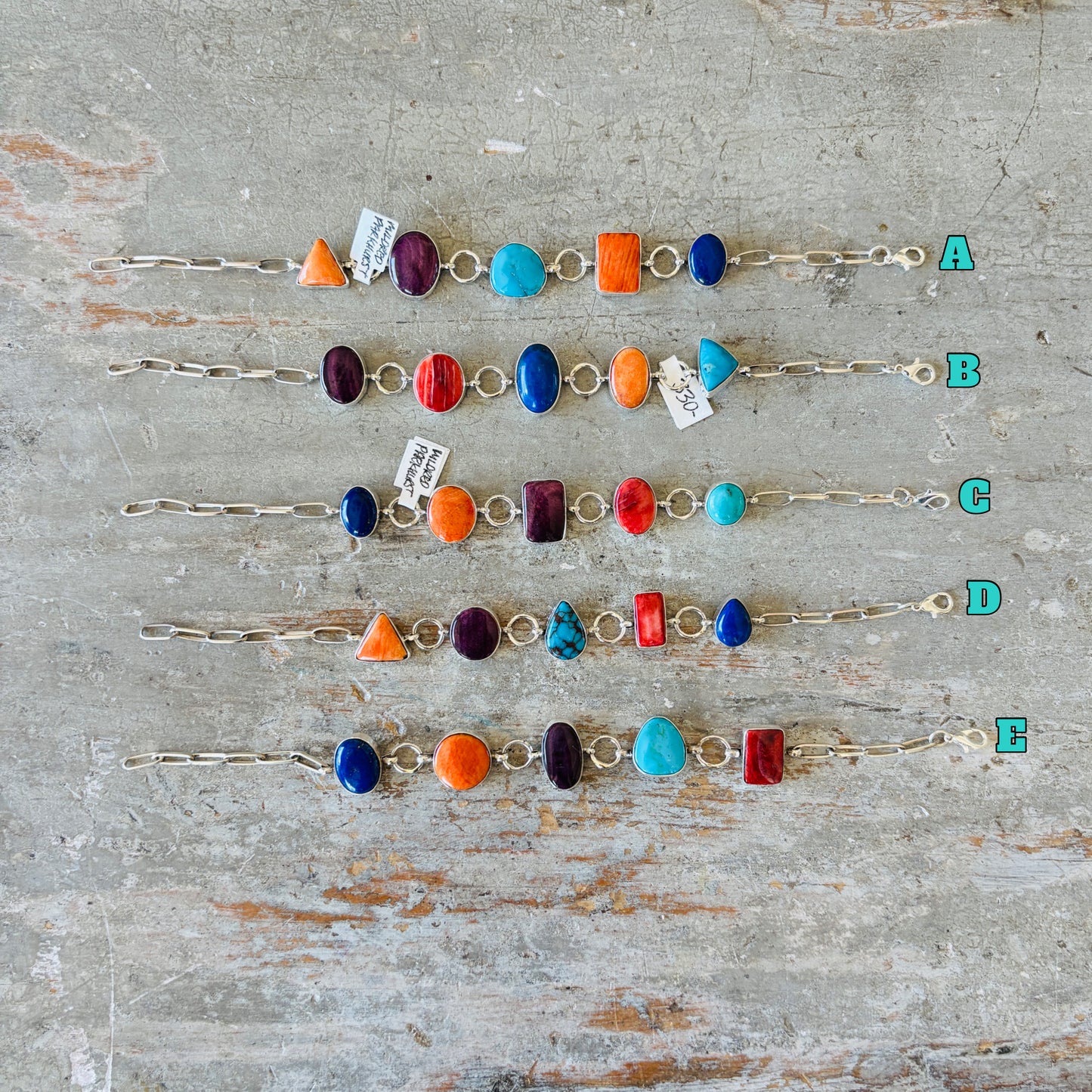 Navajo Mildred Parkhurst Sterling Silver Multi Stone Paper Clip Chain Bracelets