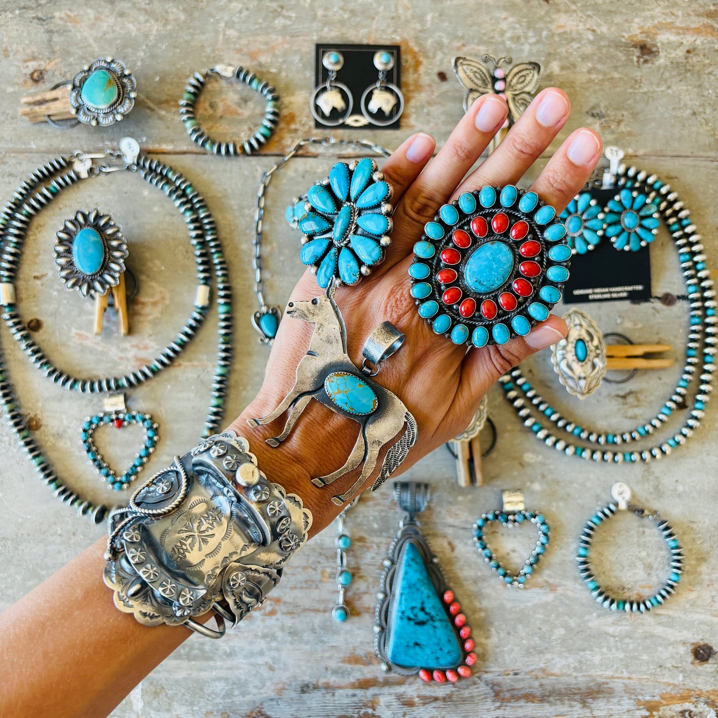 Navajo Tonisha Haley Sterling Silver & Campitos Turquoise 7mm Handmade Saucer - Tube Beads Pearl Necklace
