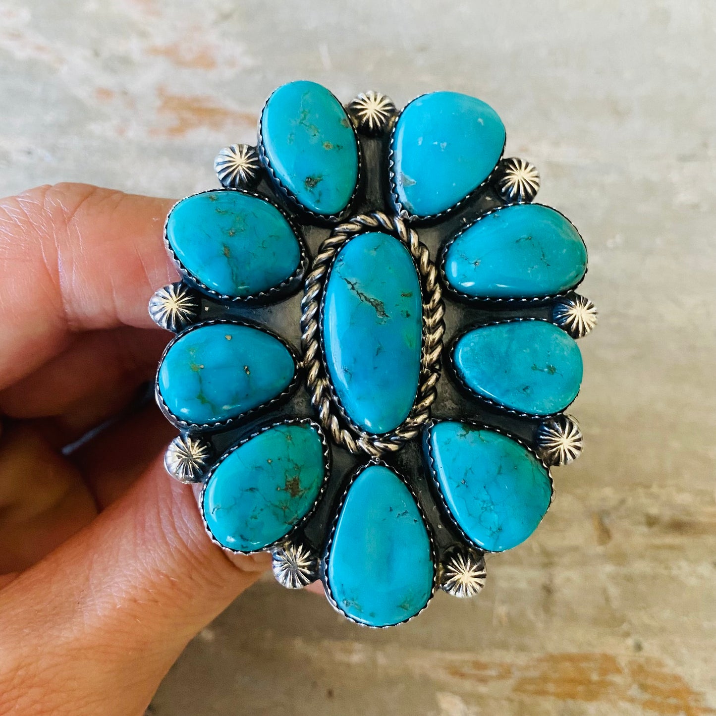 Navajo Lorenzo Jerilyn Chee Sterling Silver & Kingman Turquoise Cluster Ring