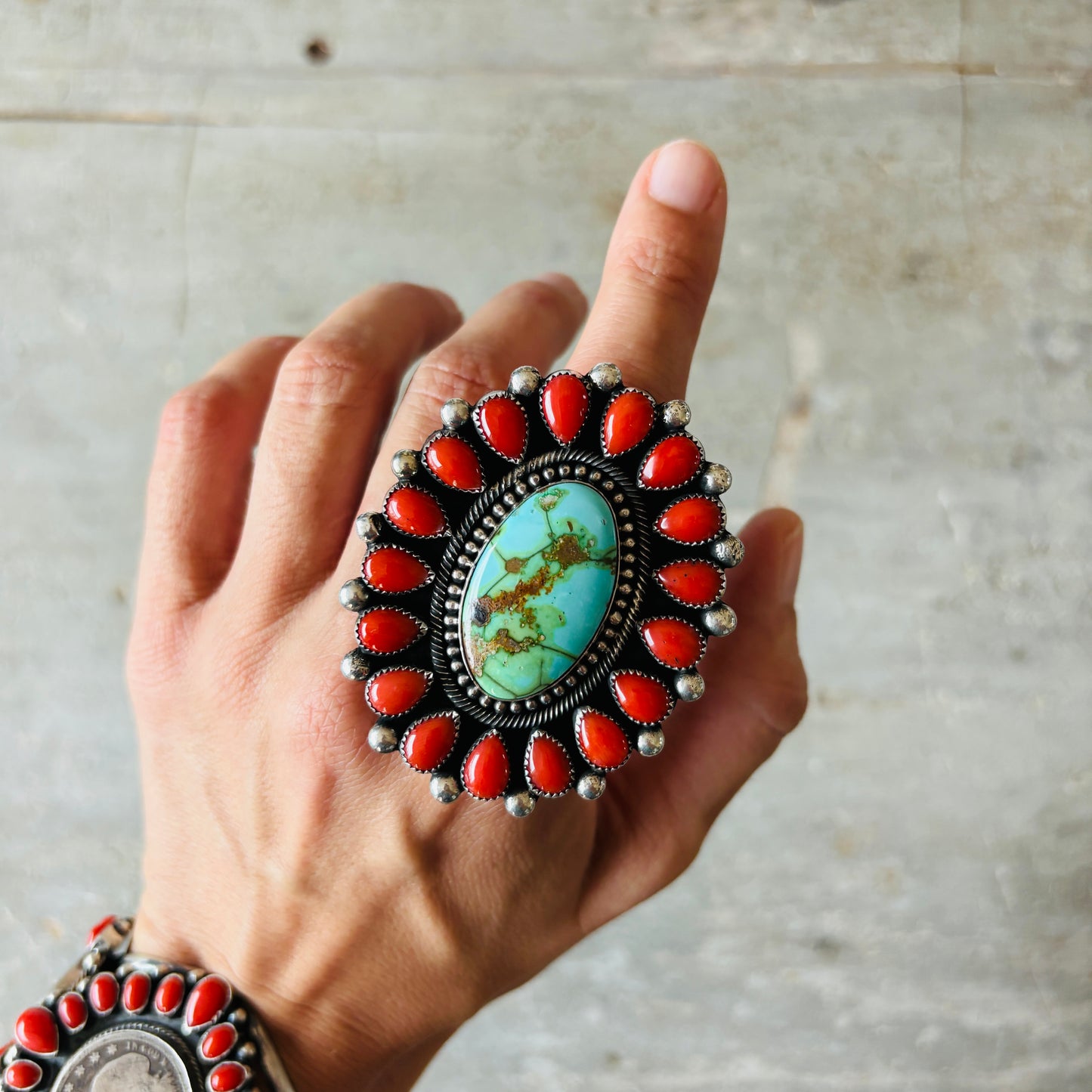 Navajo Hemerson Brown Sterling Silver - Red Coral & Sonoran Turquoise Cluster Ring