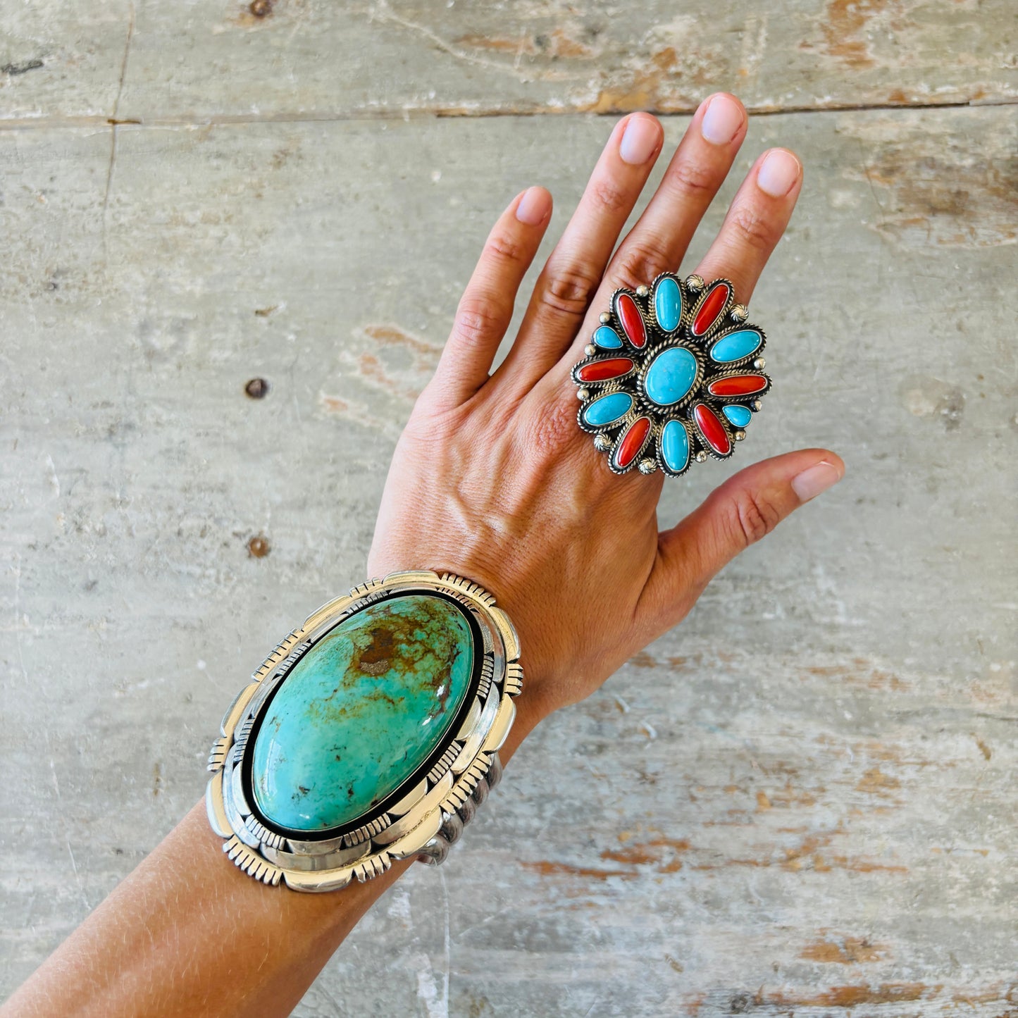 Navajo Tyler Brown Sterling Silver - Red Coral & Kingman Cluster Statement Ring