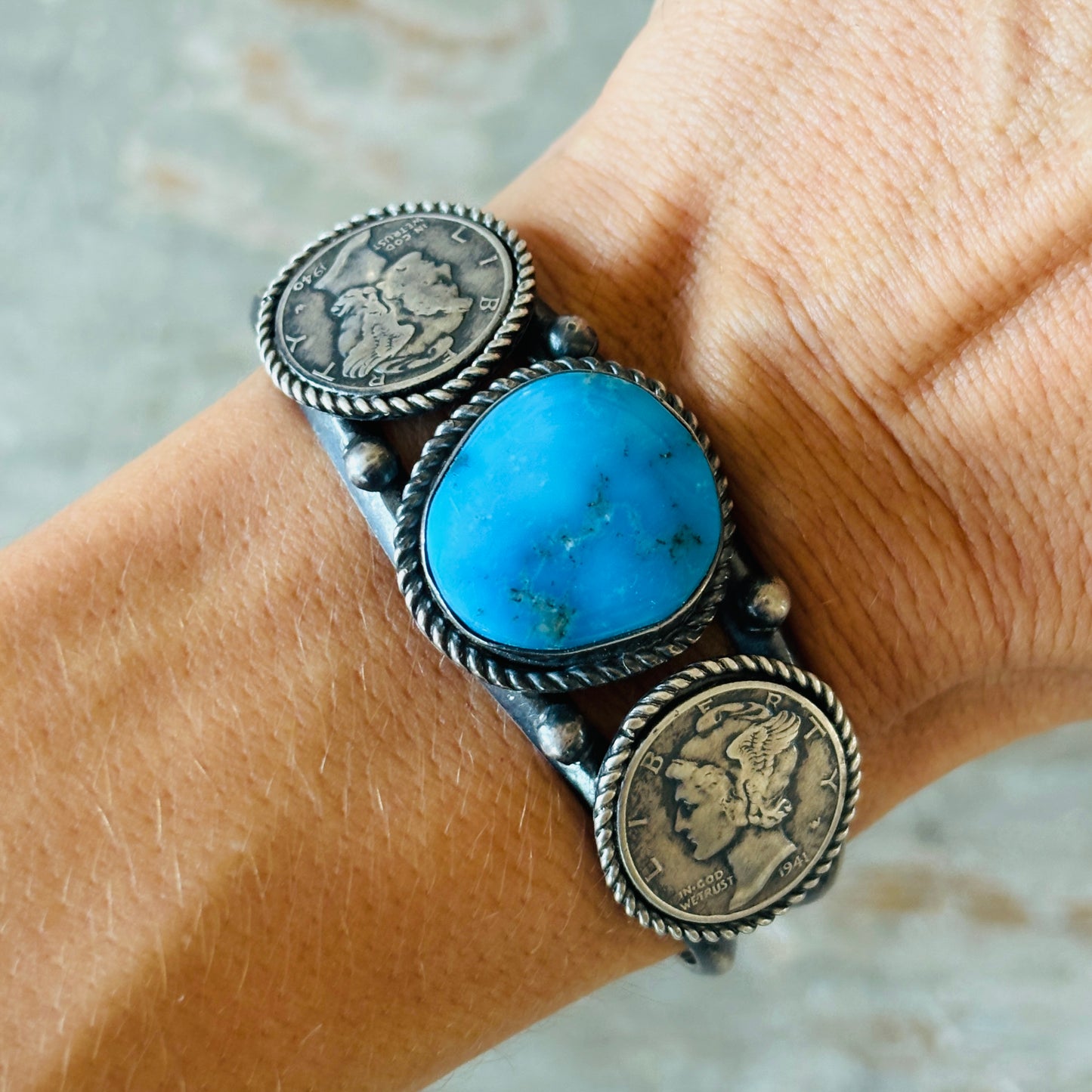 Navajo Signed Sterling Silver & Kingman Turquoise Liberty Coin Cuff