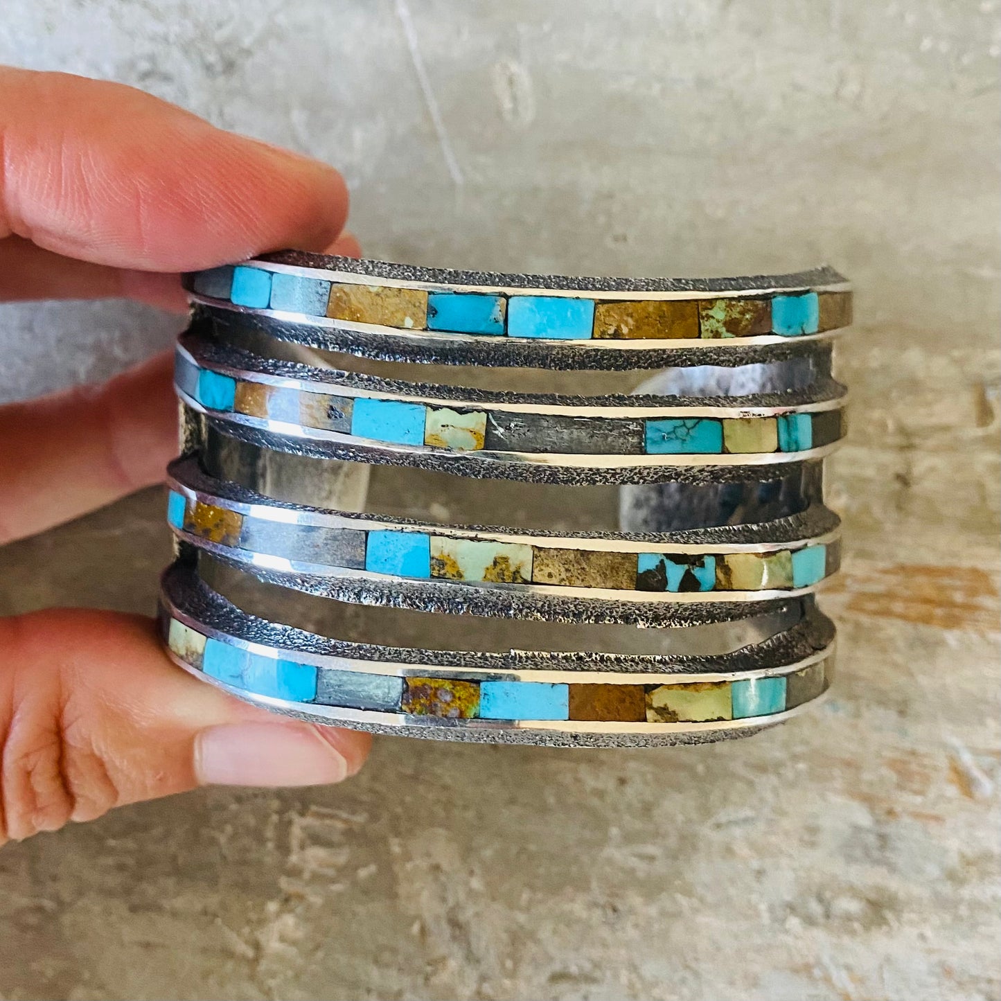Navajo Lester James Sterling Silver - Turquoise & Sandstone Inlay Tufa Cast Cuff