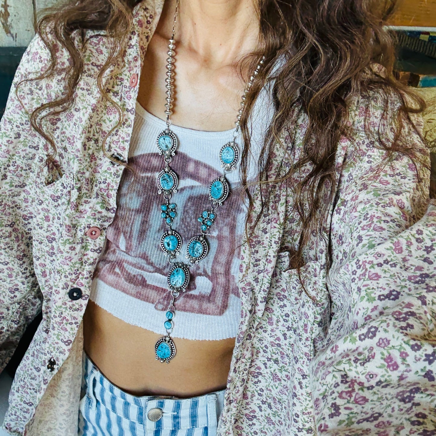 Navajo Signed Sterling Silver & Kingman Turquoise Lariat