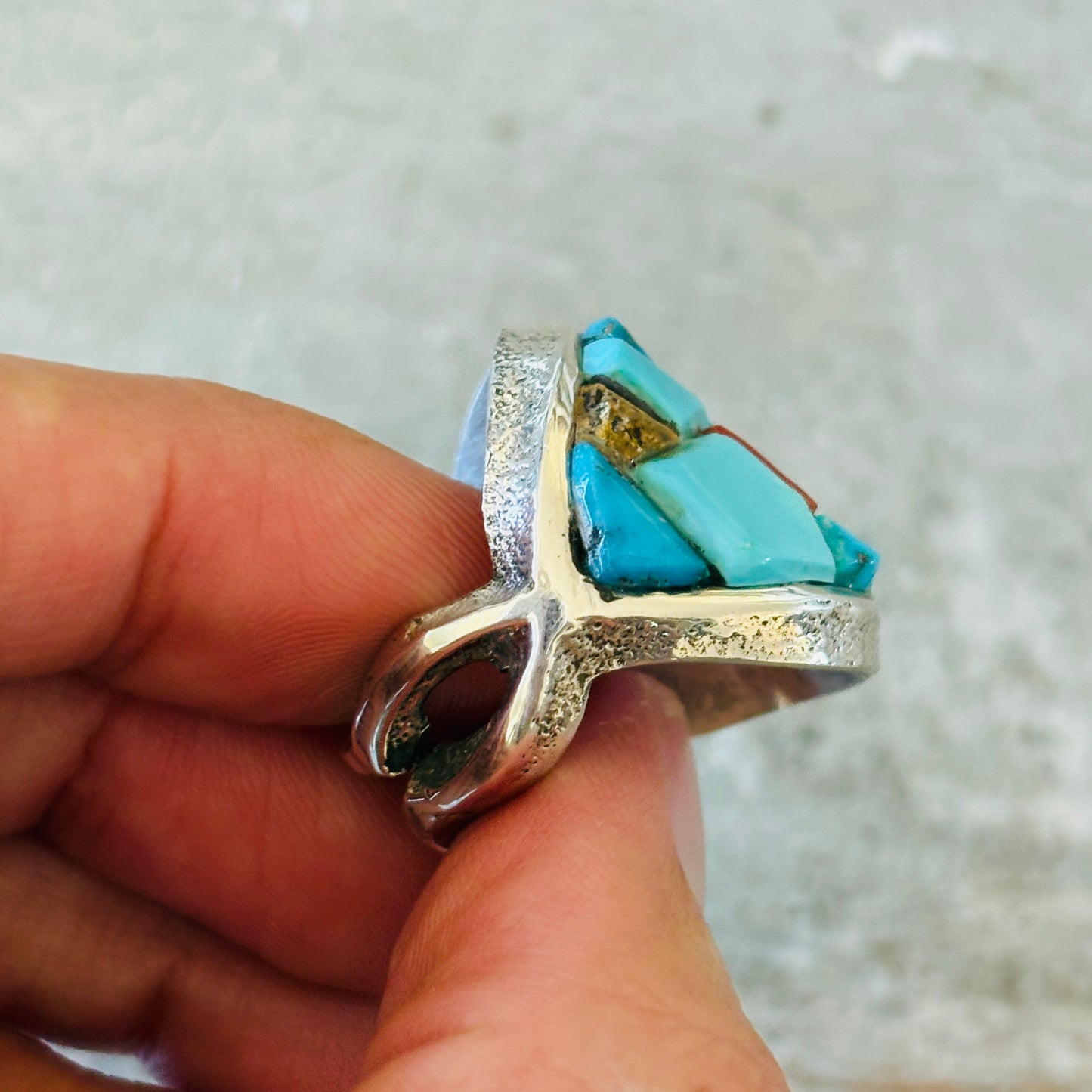 Navajo Lester James Sterling Silver - Red Coral & Multi Turquoise Cobblestone Tufa Cast Ring
