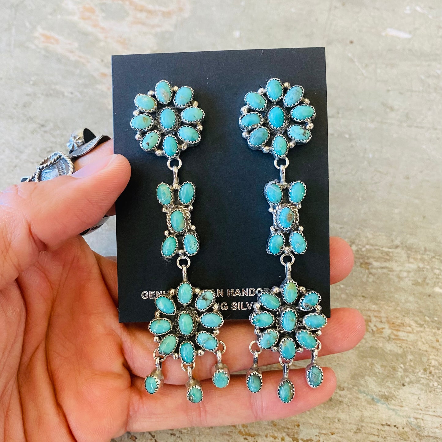 Navajo Pearlene Spencer Sterling Silver & Kingman Turquoise Cluster Earrings
