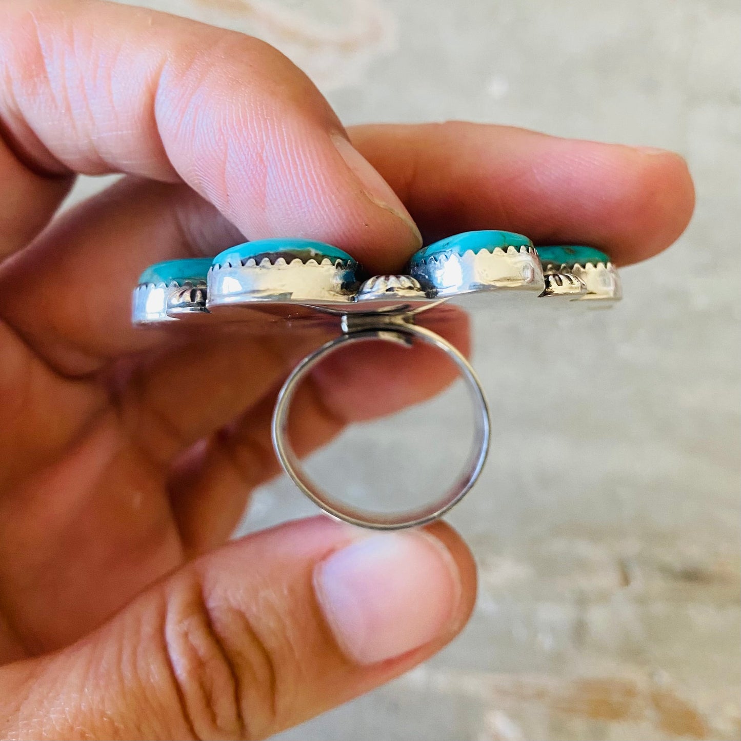 Navajo Lorenzo Jerilyn Chee Sterling Silver & Kingman Turquoise Cluster Ring