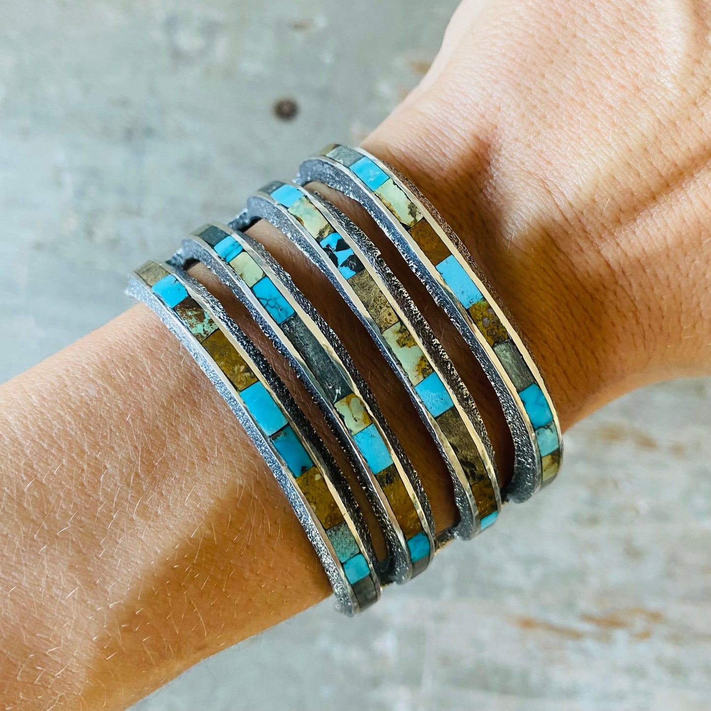 Navajo Lester James Sterling Silver - Turquoise & Sandstone Inlay Tufa Cast Cuff