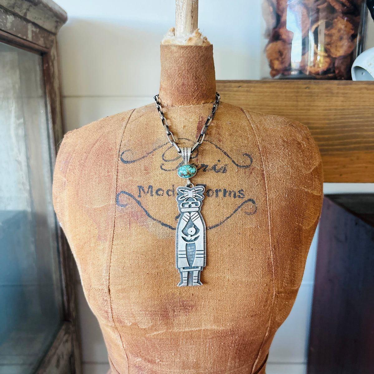 Navajo Teddy Yazzie Sterling Silver & Turquoise Overlay Kachina Pendant