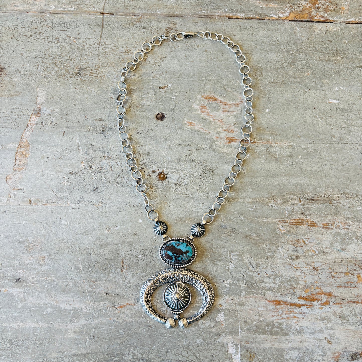 Navajo Hemerson Brown Sterling Silver & Egyptian Turquoise Naja Necklace