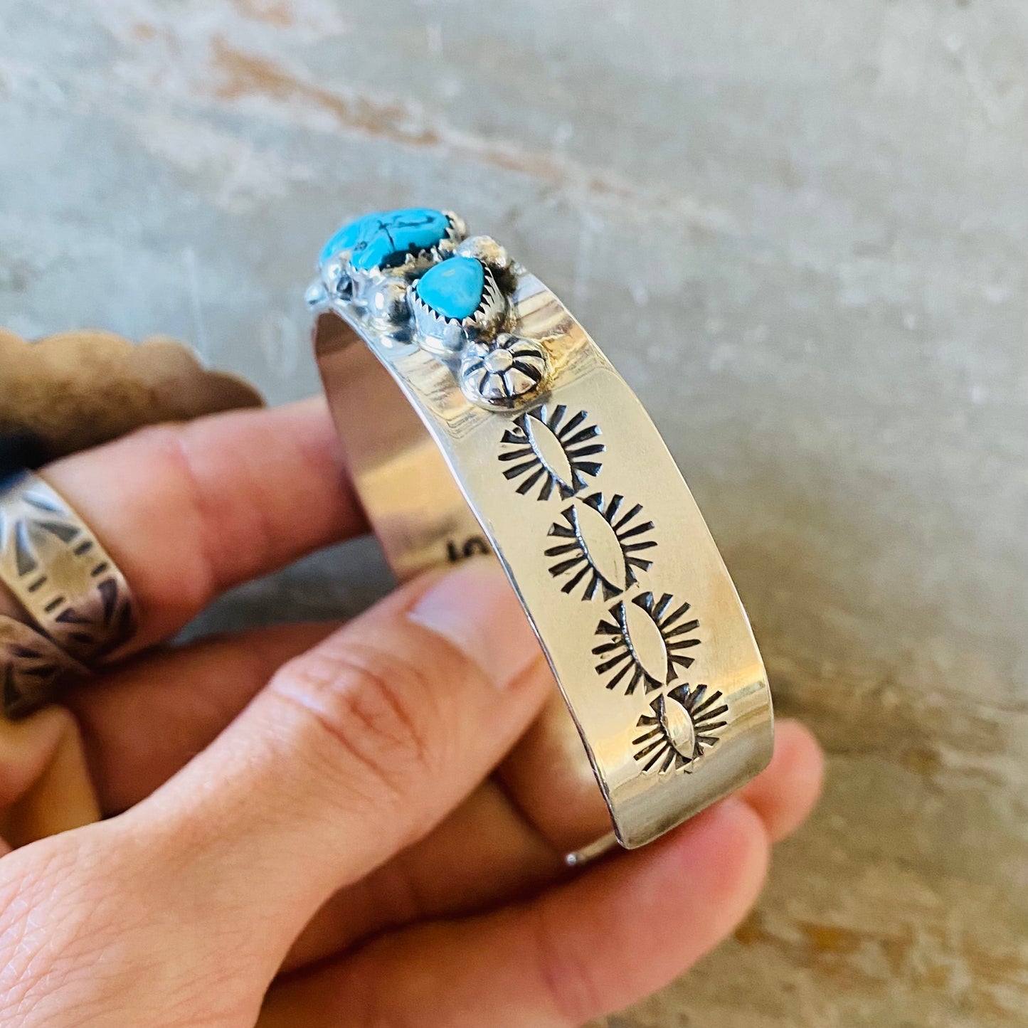 Navajo Lorenzo Jerilyn Chee Sterling Silver & Kingman Turquoise Stacker Cuff