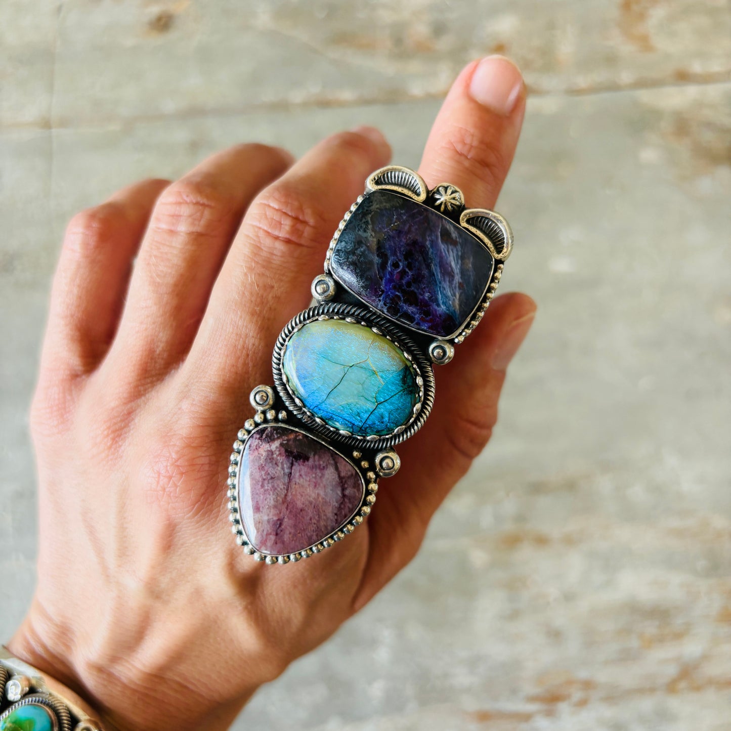 Navajo Hemerson Brown Sterling Silver - Sugilite & Lab Opal Statement Ring