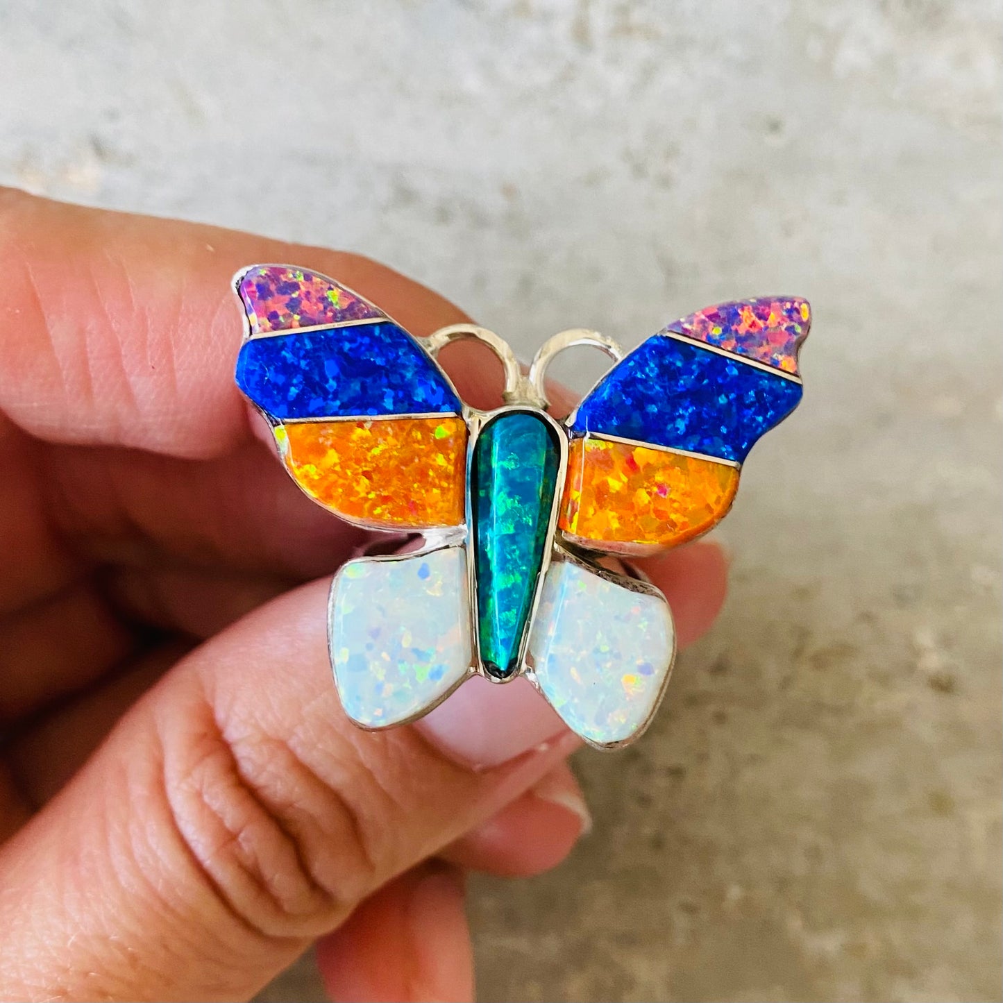 Navajo Steeve Francisco Sterling Silver & Lab Opal Multicolor Butterfly Ring