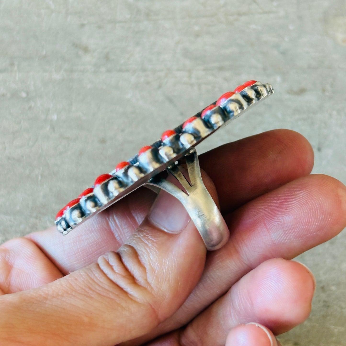 Navajo Darrin Livingston Sterling Silver & Red Coral Coin Ring