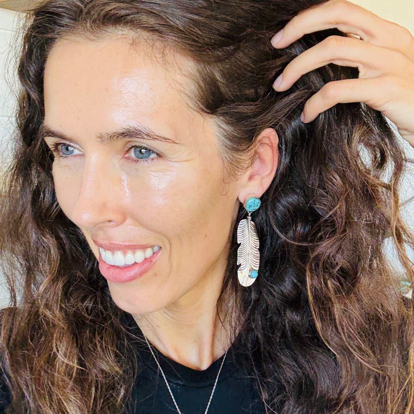 Navajo Lydia Begay Sterling Silver & Kingman Feather Earrings
