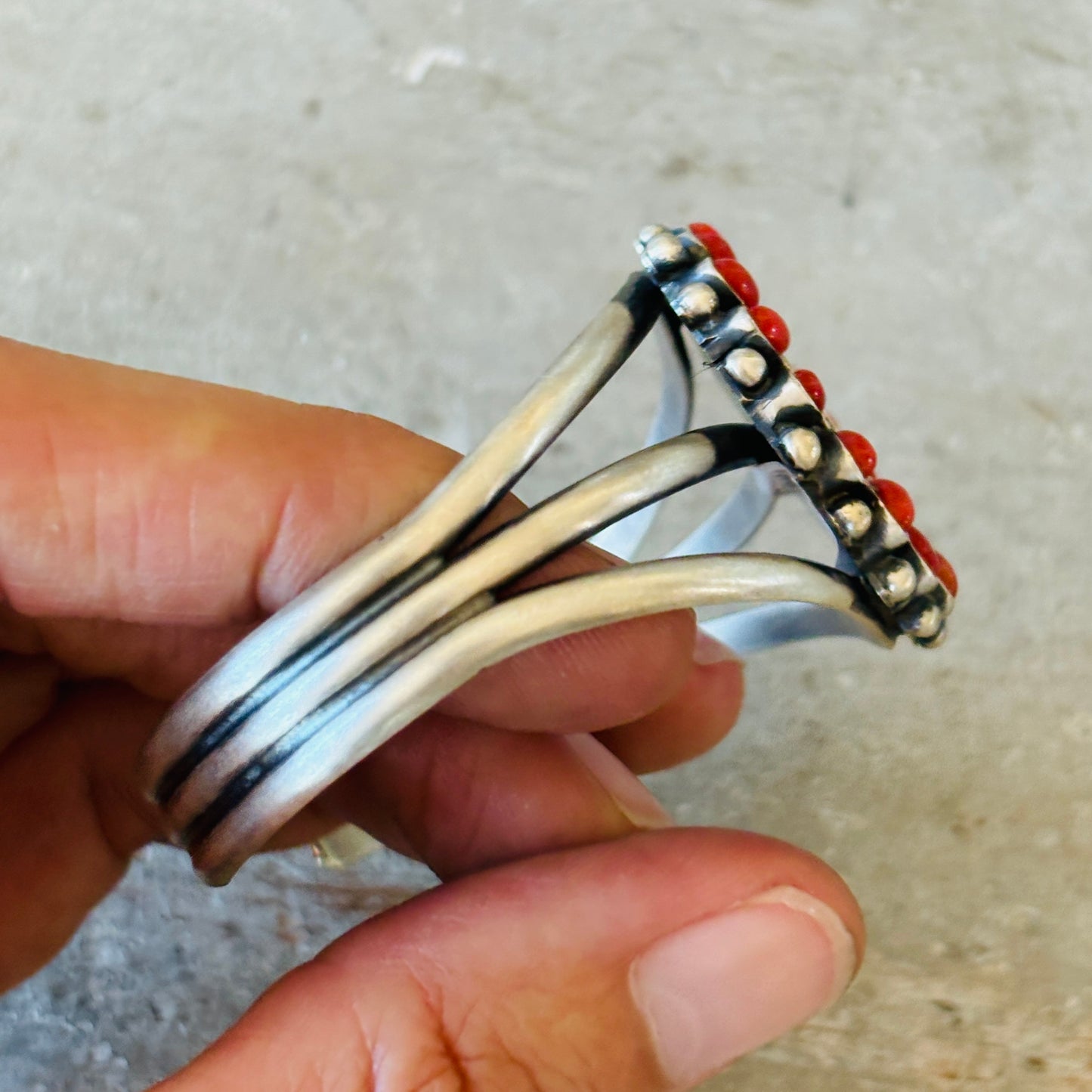 Navajo Darrin Livingston Sterling Silver & Red Coral Coin Cuff