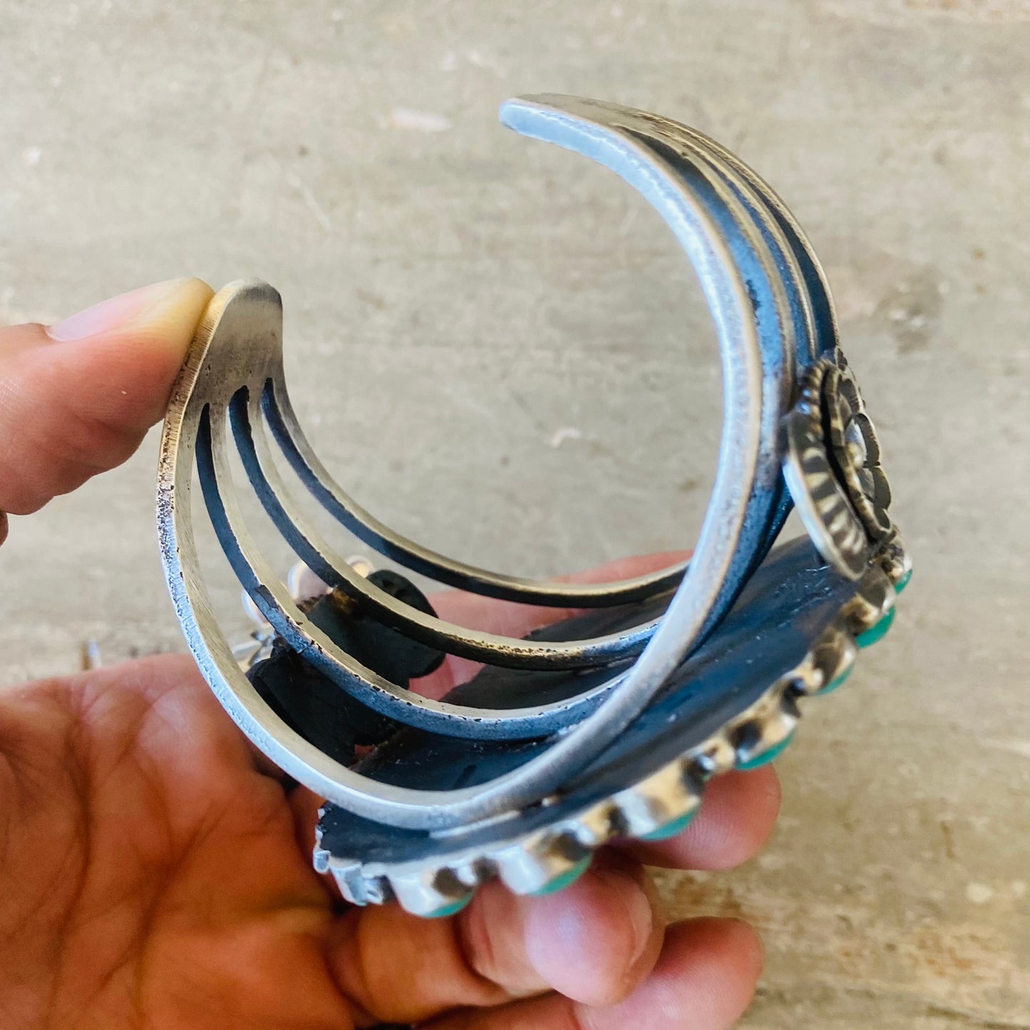 Navajo Kindale Billah Sterling Silver & Kingman Turquoise Cluster Floral Statement Cuff