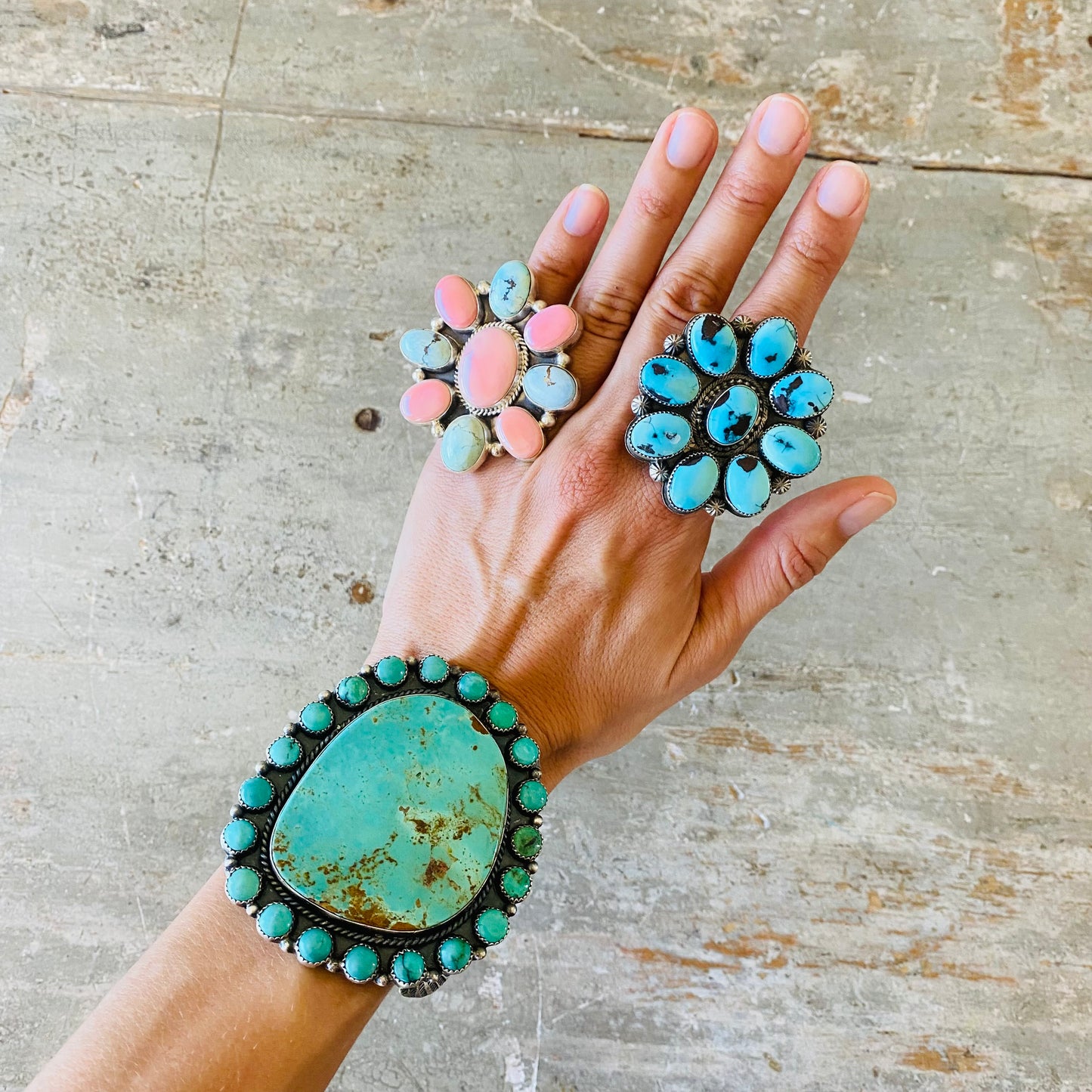 Navajo Kindale Billah Sterling Silver & Kingman Turquoise Cluster Statement Cuff