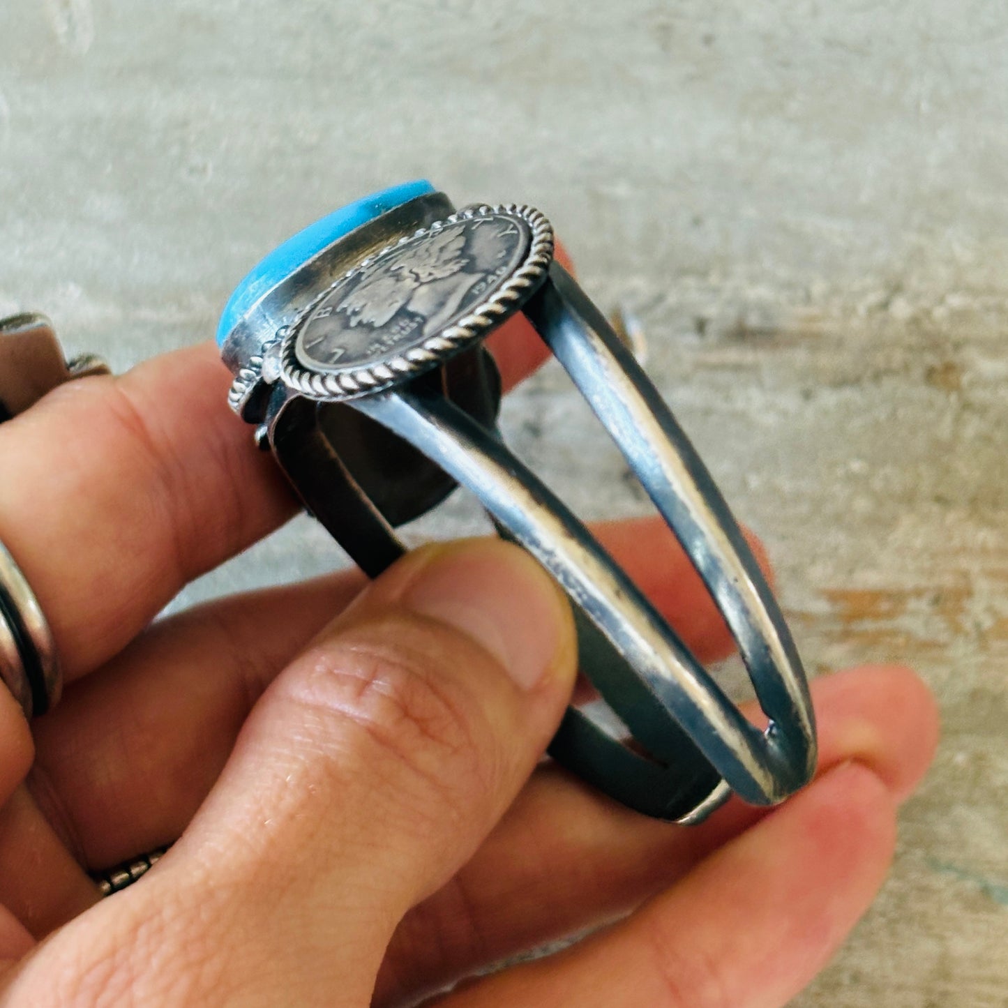 Navajo Signed Sterling Silver & Kingman Turquoise Liberty Coin Cuff