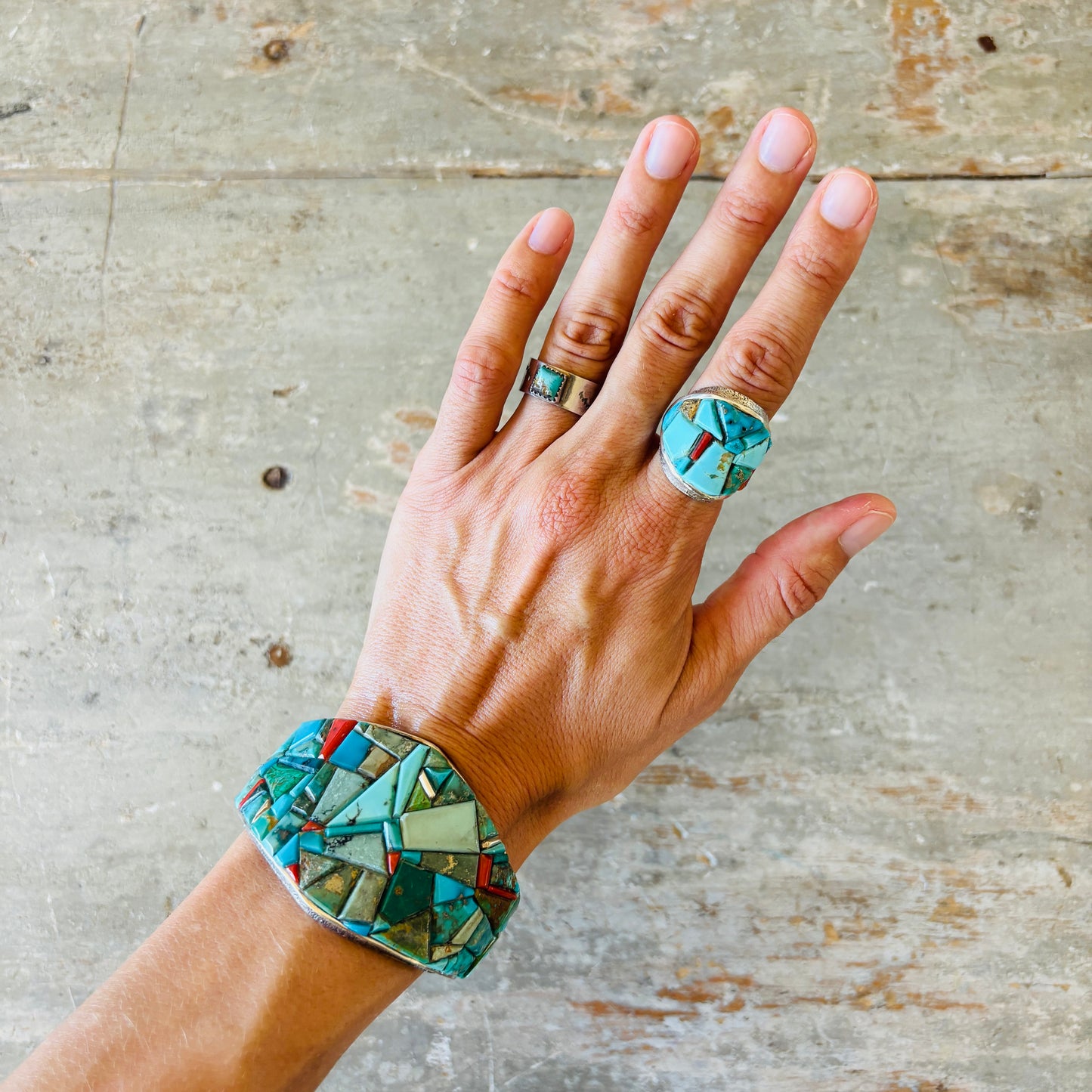 Navajo Lester James Sterling Silver - Red Coral & Multi Turquoise Cobblestone Tufa Cast Ring