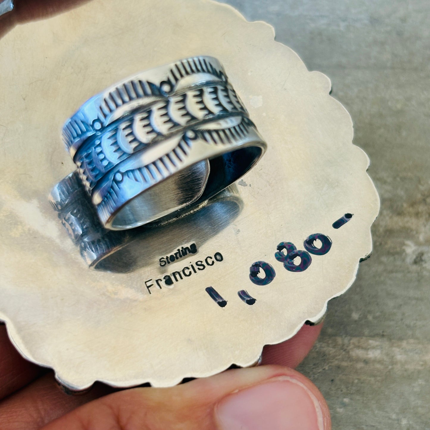 Navajo Dustin Francisco Sterling Silver - Orange Spiny Oyster & Royston Turquoise Cluster Ring