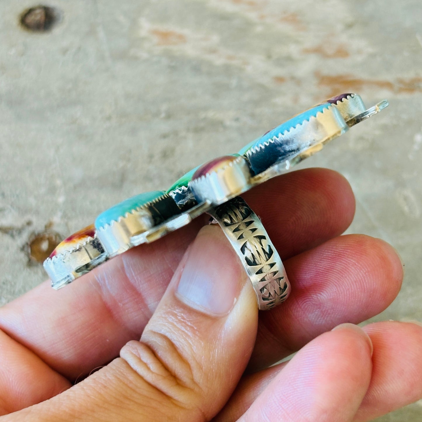 Navajo Chris Etsitty Sterling Silver - Purple Spiny & Sonoran Turquoise Stars Ring